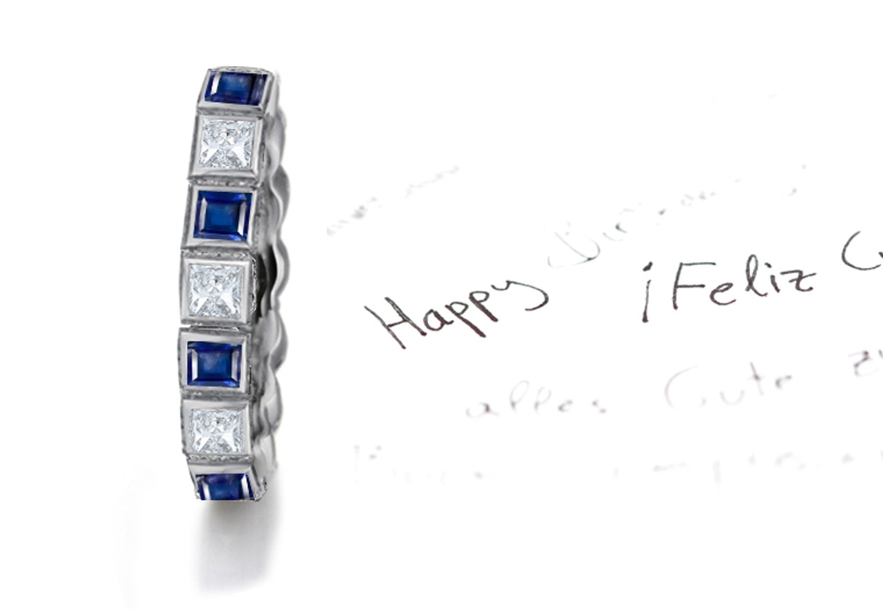 Bezel Set Square Sapphire & Princess Cut Diamond Gold Band in many Ct Wts