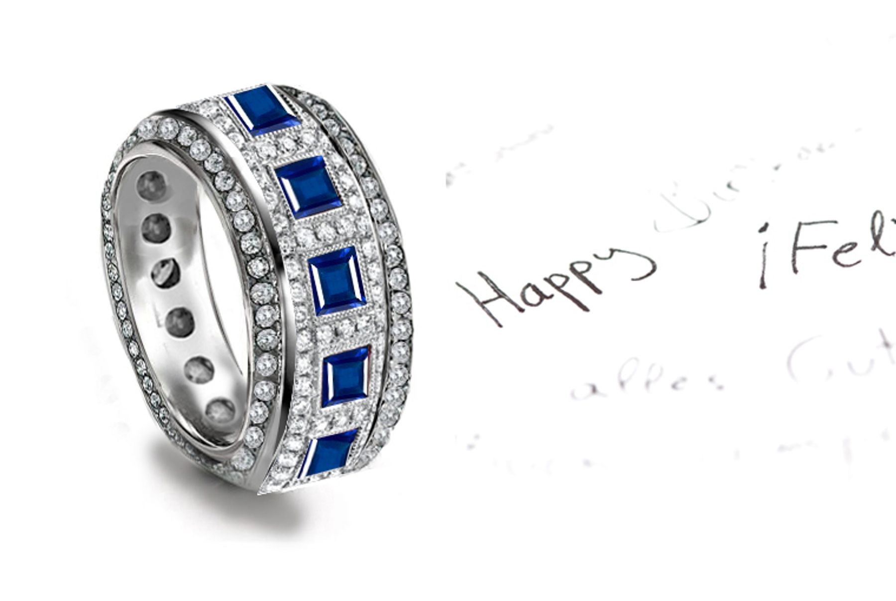 Princess Cut Sapphire in center & Diamonds decorate the sides and center