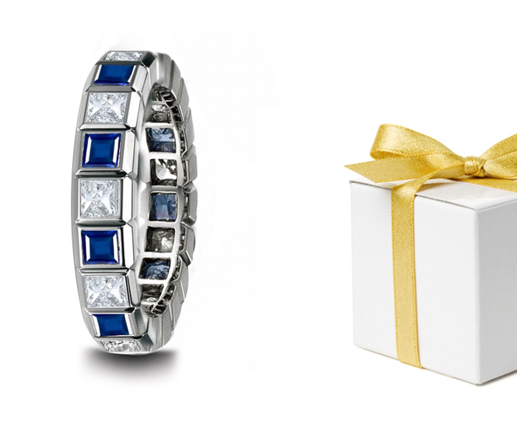 Bezel Set Princess Cut Diamond Square Sapphire Ring in Platinum & 14k Gold