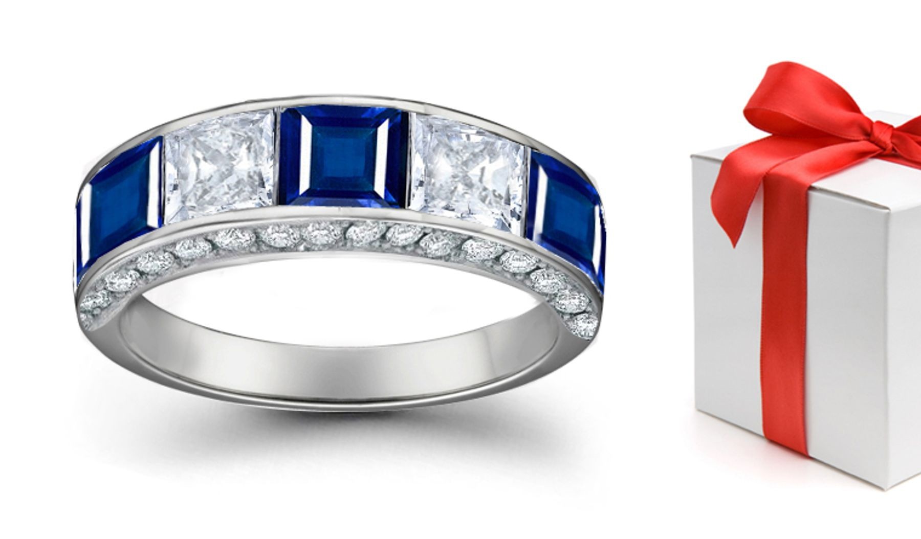 Square Sapphire and Princess Cut Diamond Five Stone Mens Ring