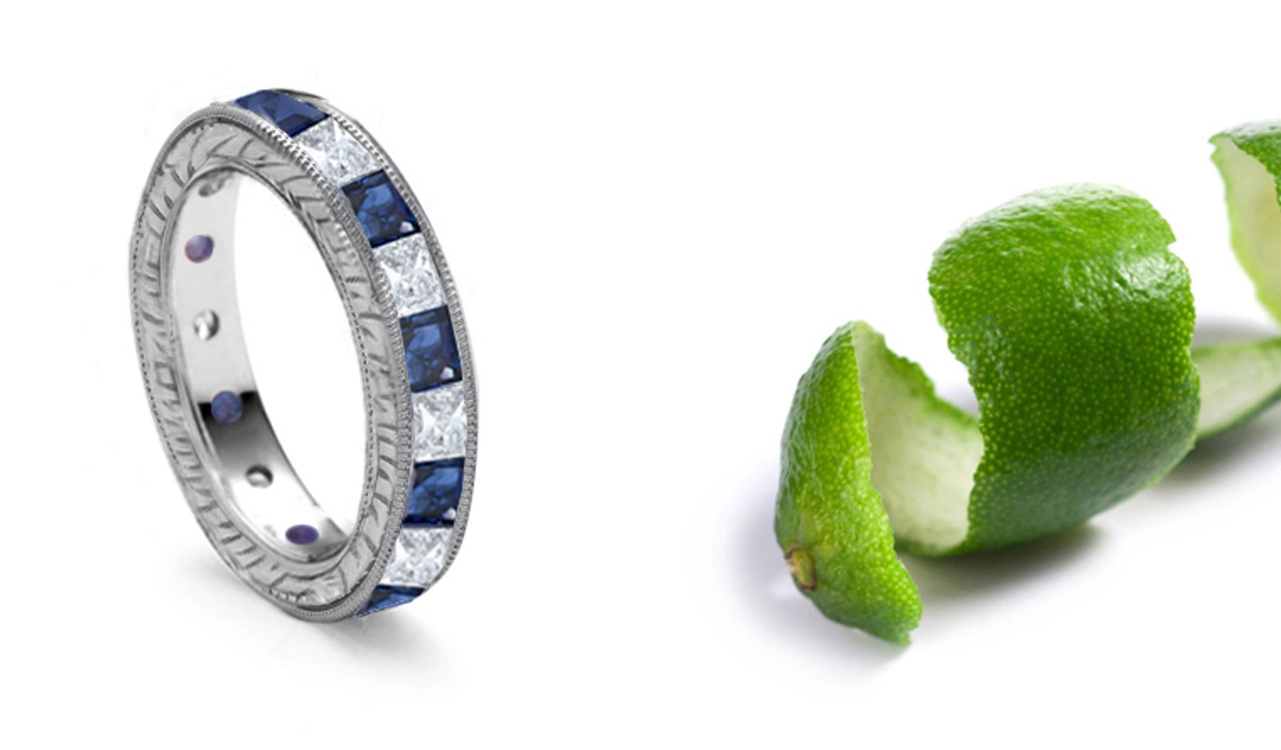 Platinum Princess Cut Diamond & Sapphire Ring Sides Engraved