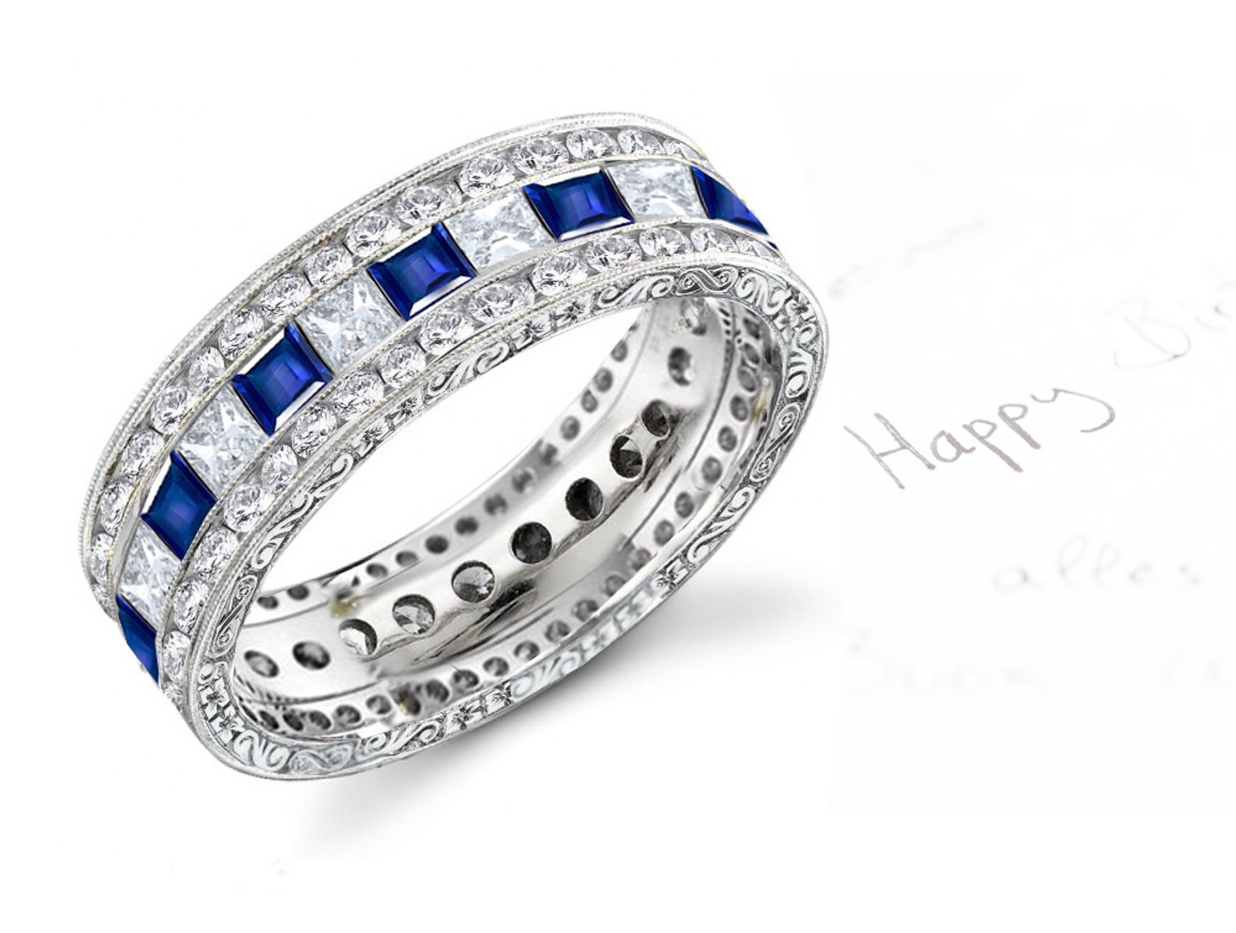 Princess Cut & Sapphire & Diamond Stacked Bands