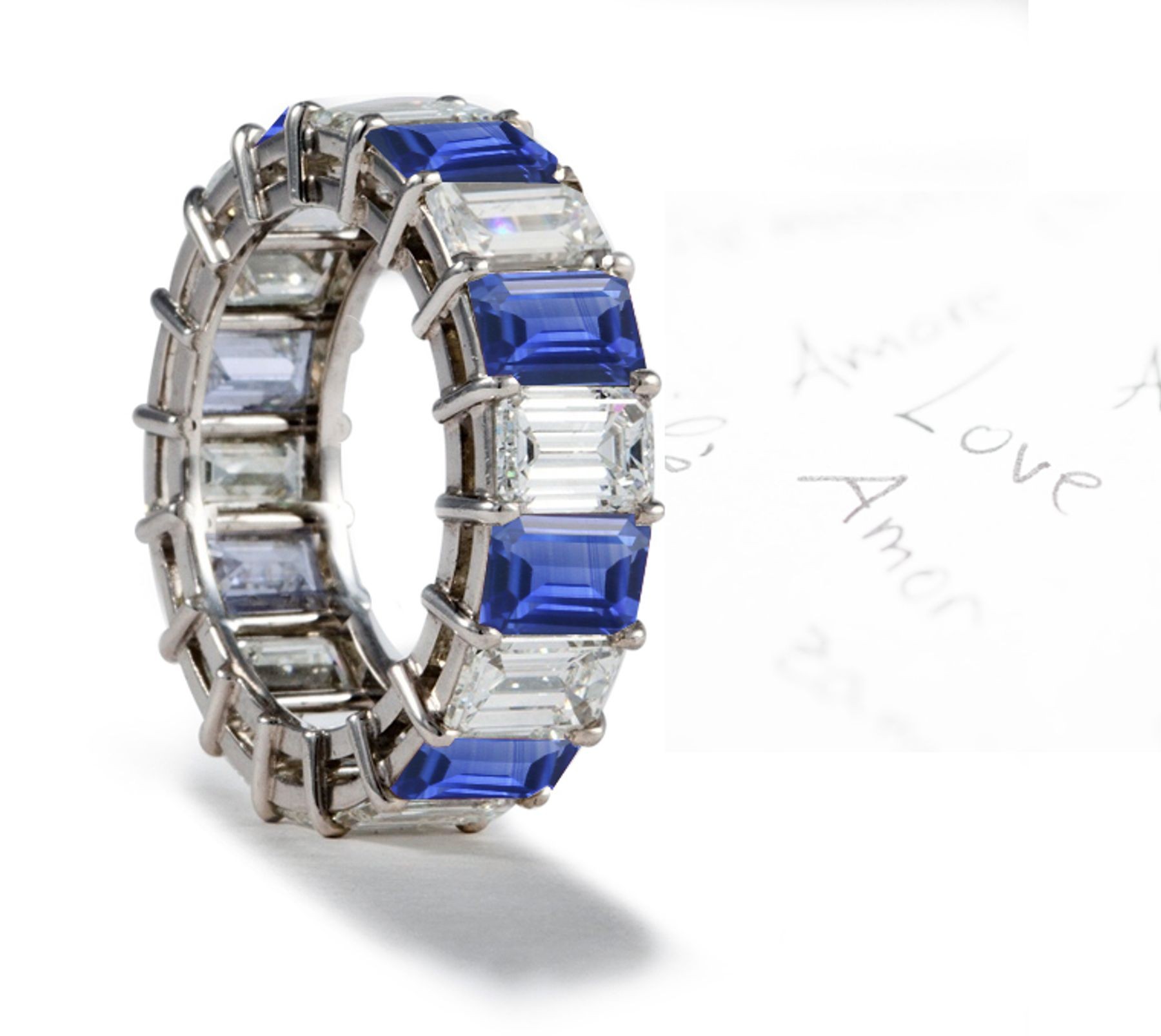 Prong Set Emerald Cut Diamond & Emerald Cut Sapphire Ring Women's