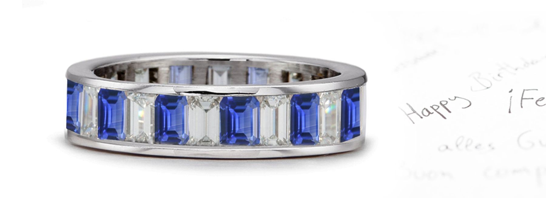 Channel Set Emerald Cut Diamond & Sapphire Band in Platinum Ring