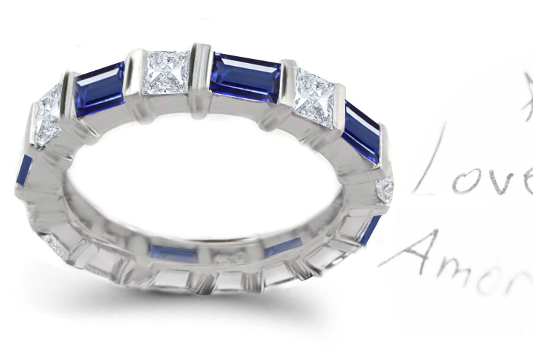 Princess Cut Diamond & Baguette Sapphire Ring in Platinum 