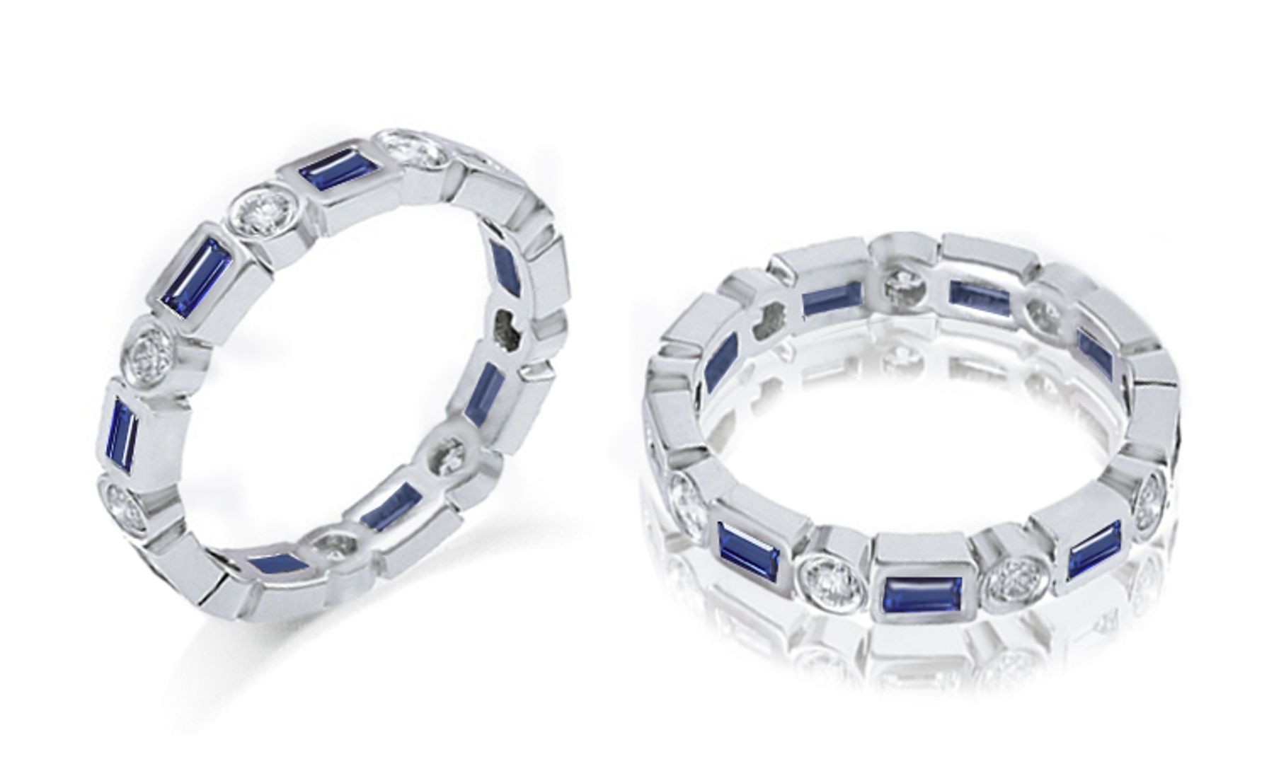 Baguette Sapphire & Round Diamond Band in 14k White Gold