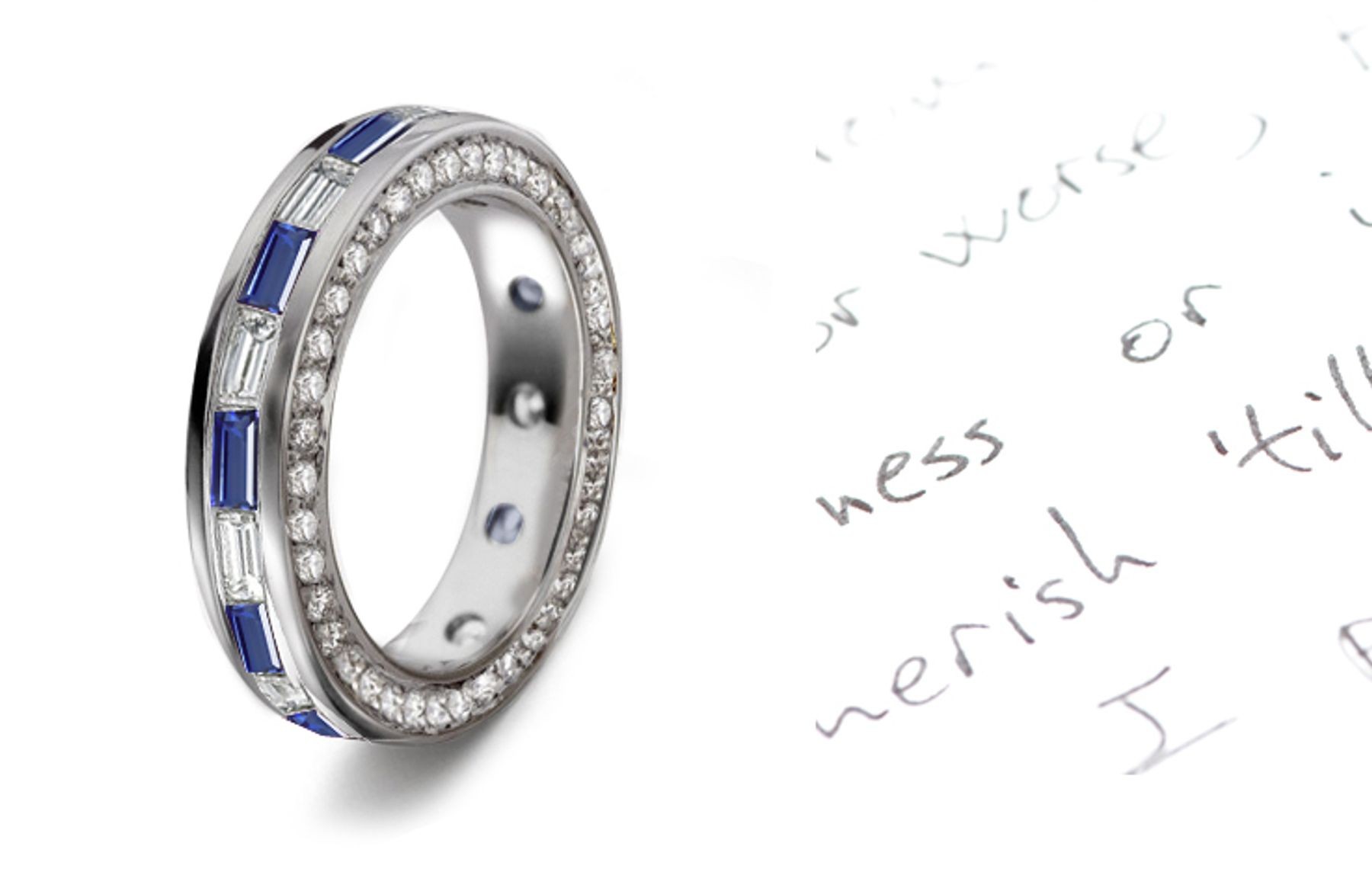 Baguette Sapphire & Diamond Wedding Ring in Gold Diamond Shank