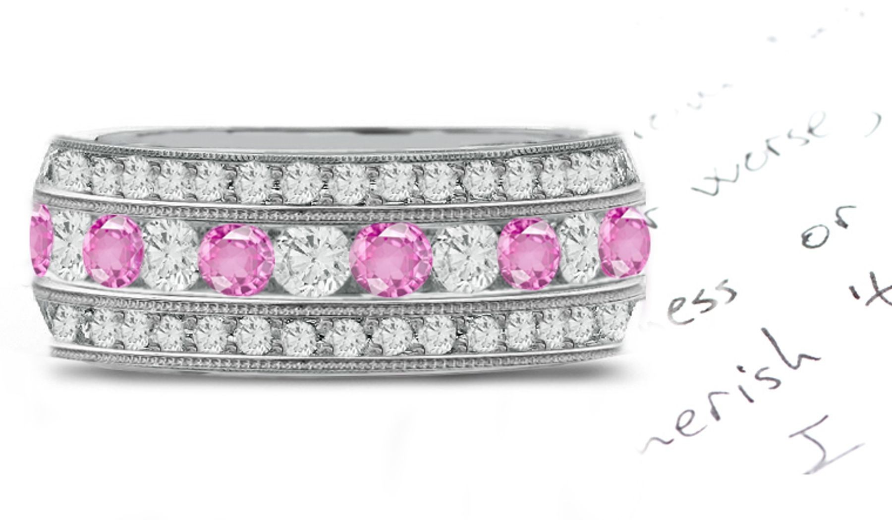 Stacked Women's Pink Sapphire & Diamond Eternity Wedding Band in Platinum & 14k Yellow gold