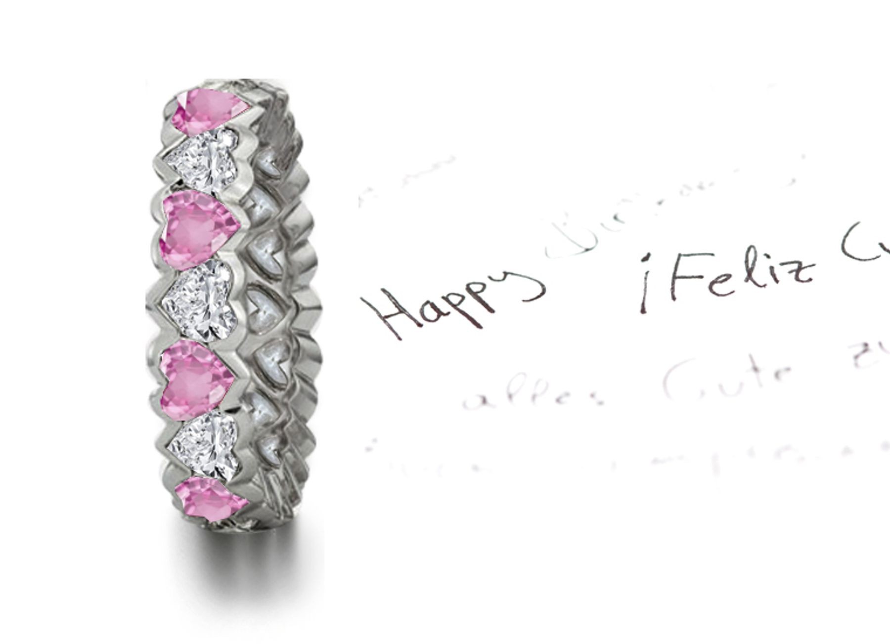 Bezel Set Heart Women's Pink Sapphire & Heart Diamond Eternity Ring in Platinum & 14k Yellow gold