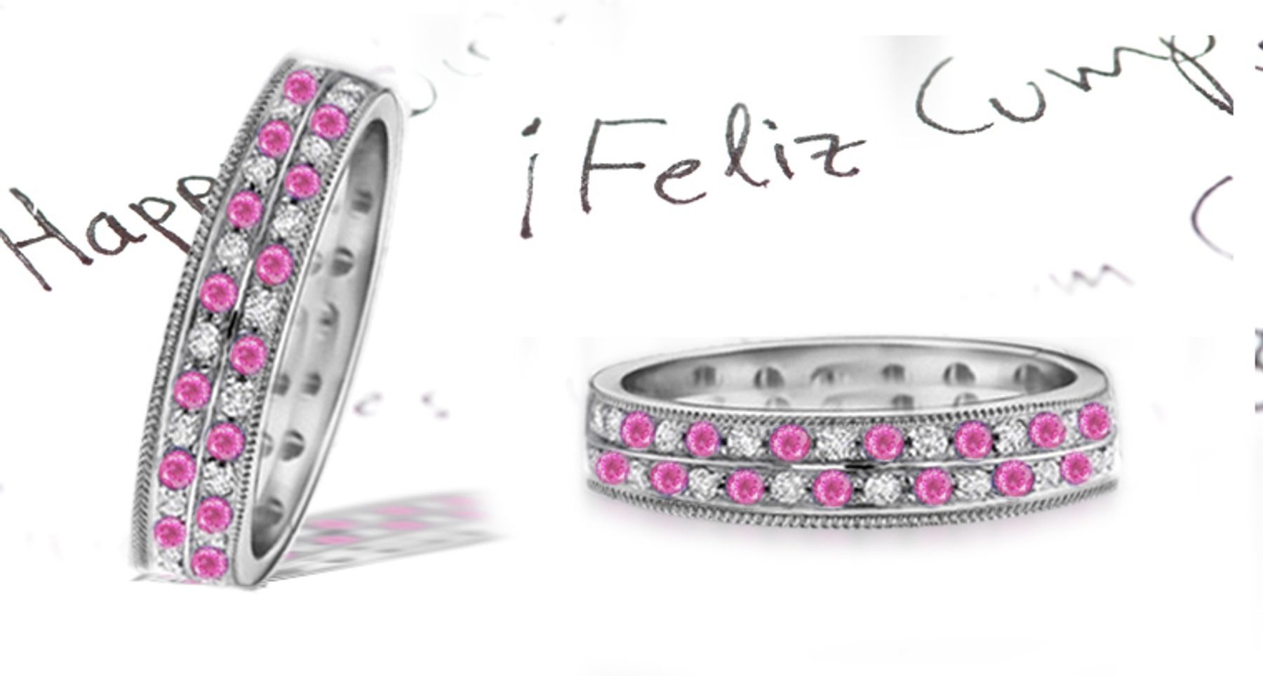 Stacked Channel Set Milgrain Round Women's Pink Sapphire & Diamond Eternity Ring