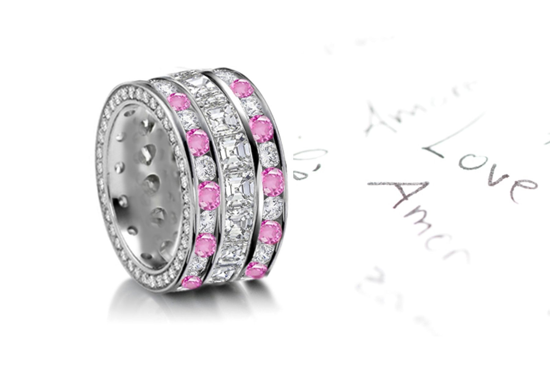 Luxurious and Large Diamond Ring featuring diamonds with pink sapphires in 14k gold