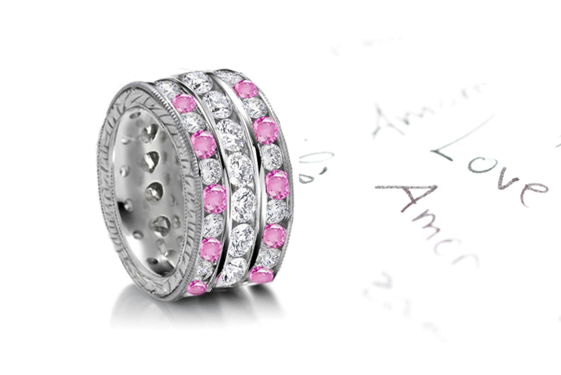 Dramatic Large Grand 3 Rich Hue Sapphire & Diamond Eternity Diamond Ring