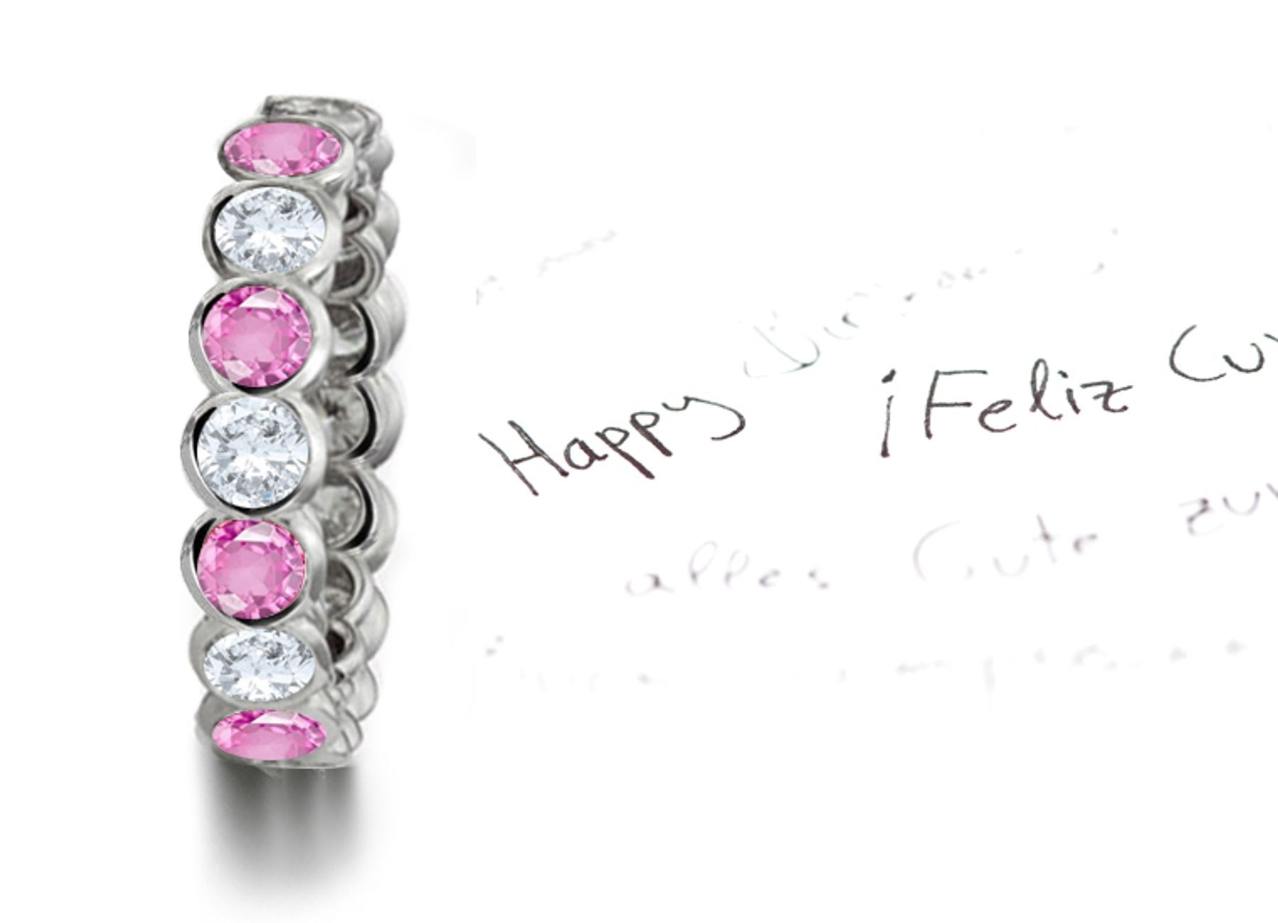 Bezel Set Round Women's Pink Rich Hue Sapphire Diamond Eternity Ring in Gold