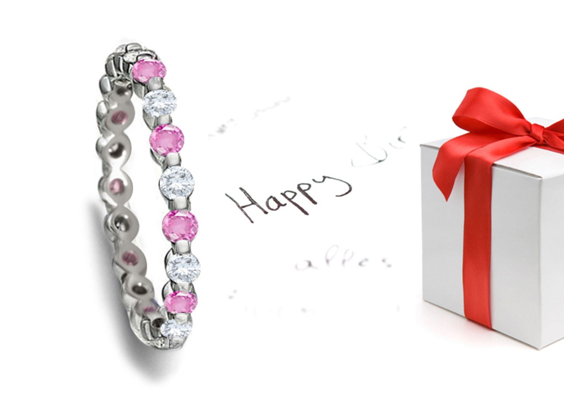 Single Bar Set Women's Pink Rich Hue Sapphire & Diamond Wedding Ring in Gold
