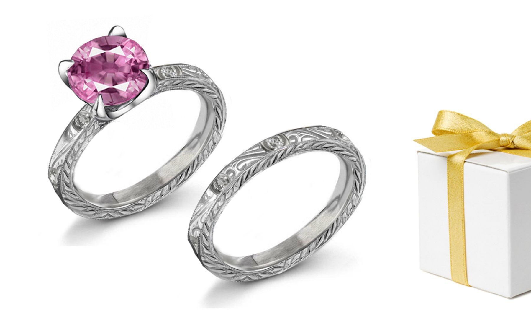 Stunning: Engraved Pink Sapphire & Diamond Ring