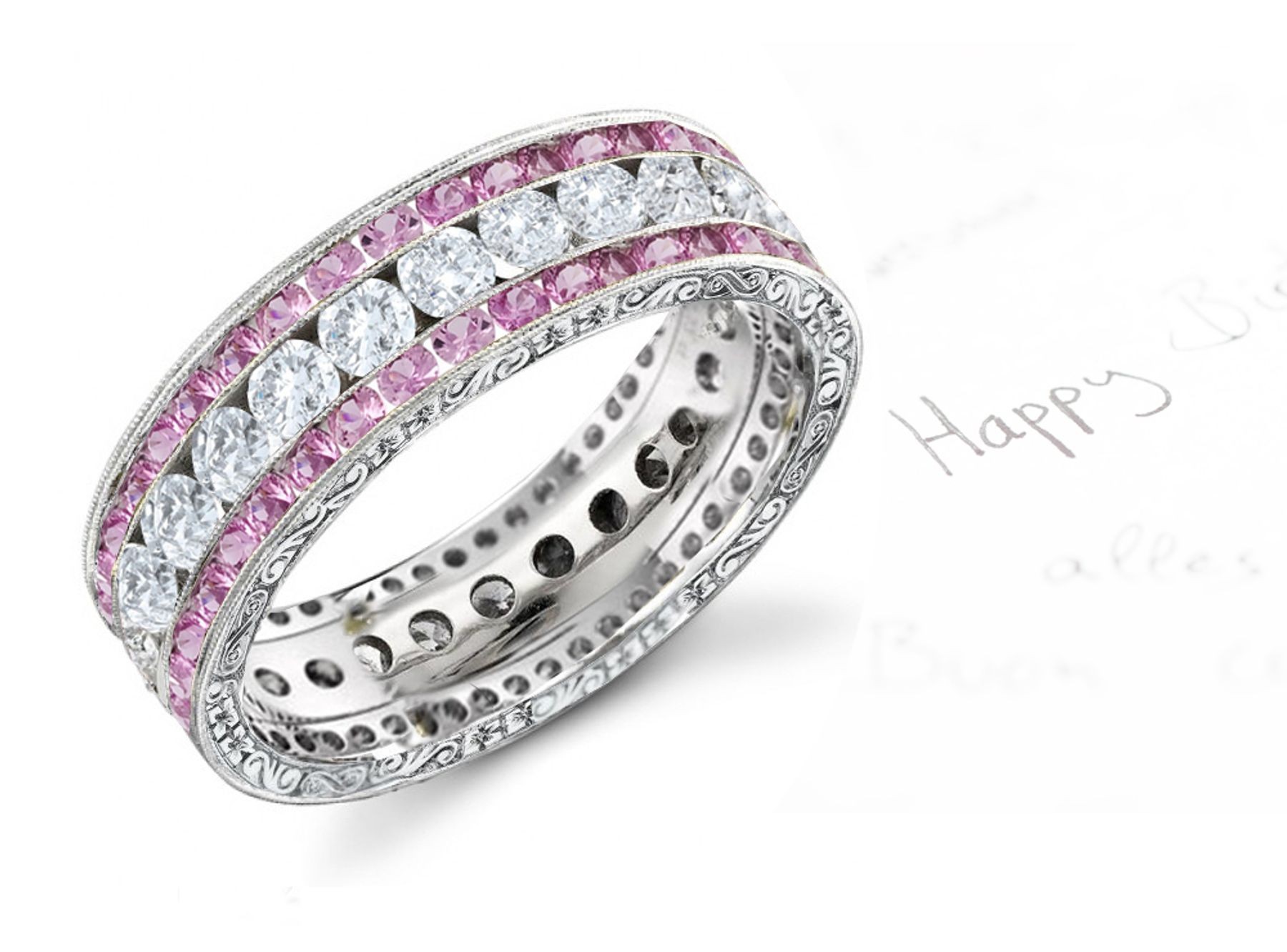 Women's Pink Rich Hue Sapphire & Diamond Wedding Band