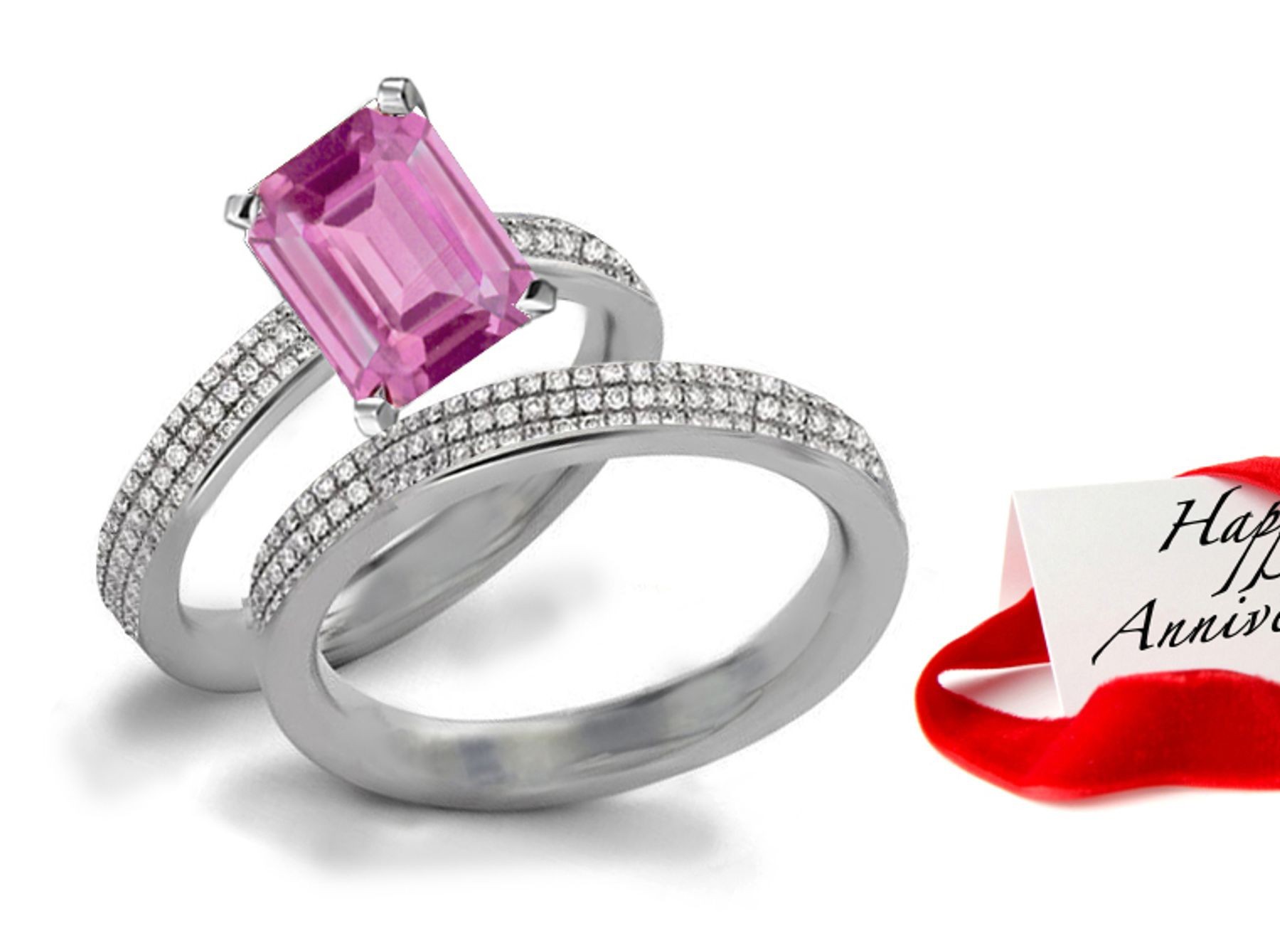Versatile: High Quality Pink Sapphire & Sparkling Diamond Engagement & Wedding Bands