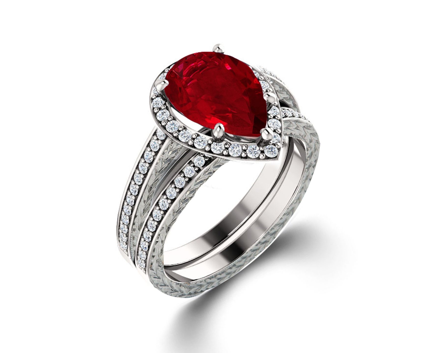 Delicate Micro Pave Halo Fiery Red Ruby and Sparkling Diamond Engagement Rings