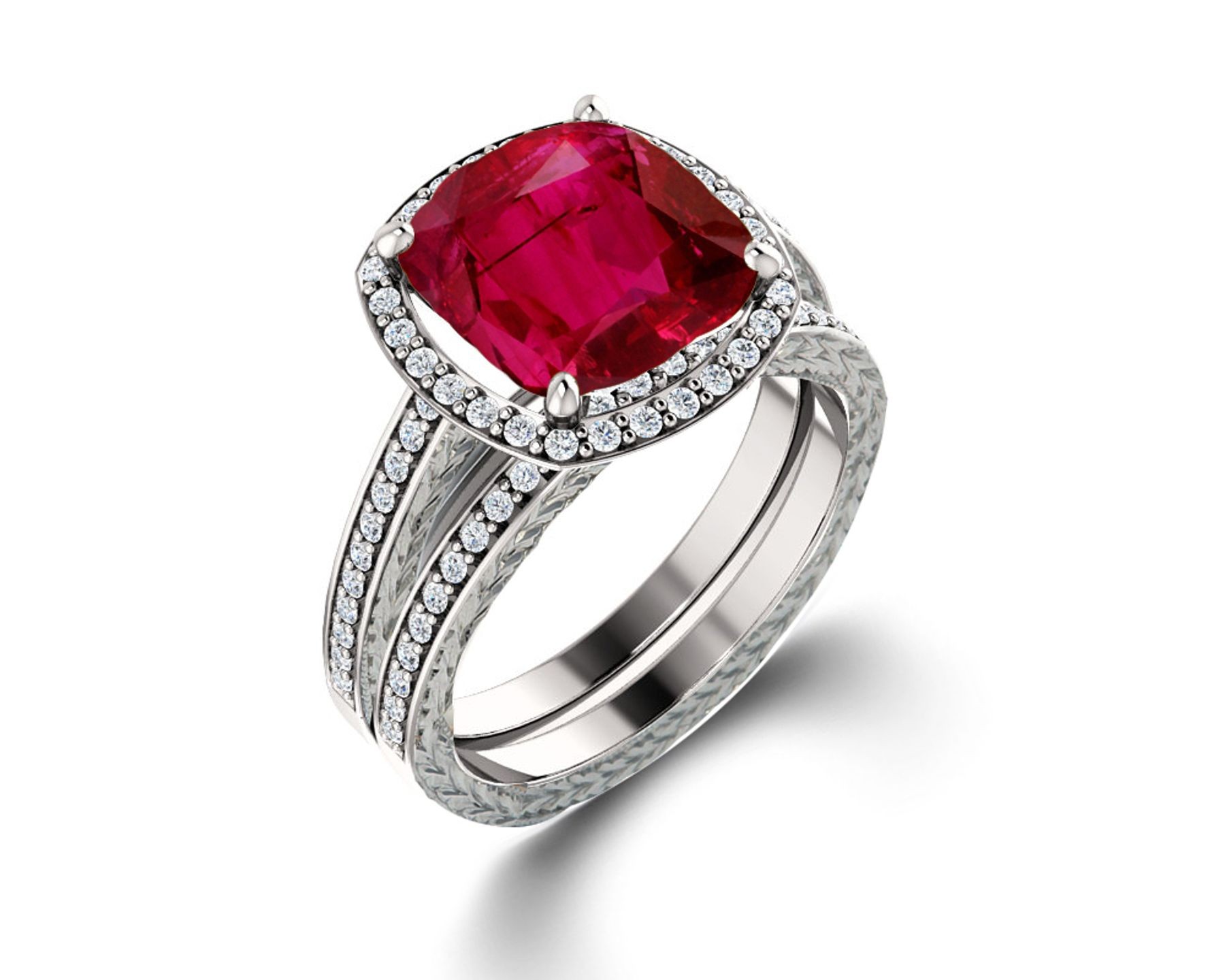 Delicate Micro Pave Halo Fiery Red Ruby and Sparkling Diamond Engagement Rings