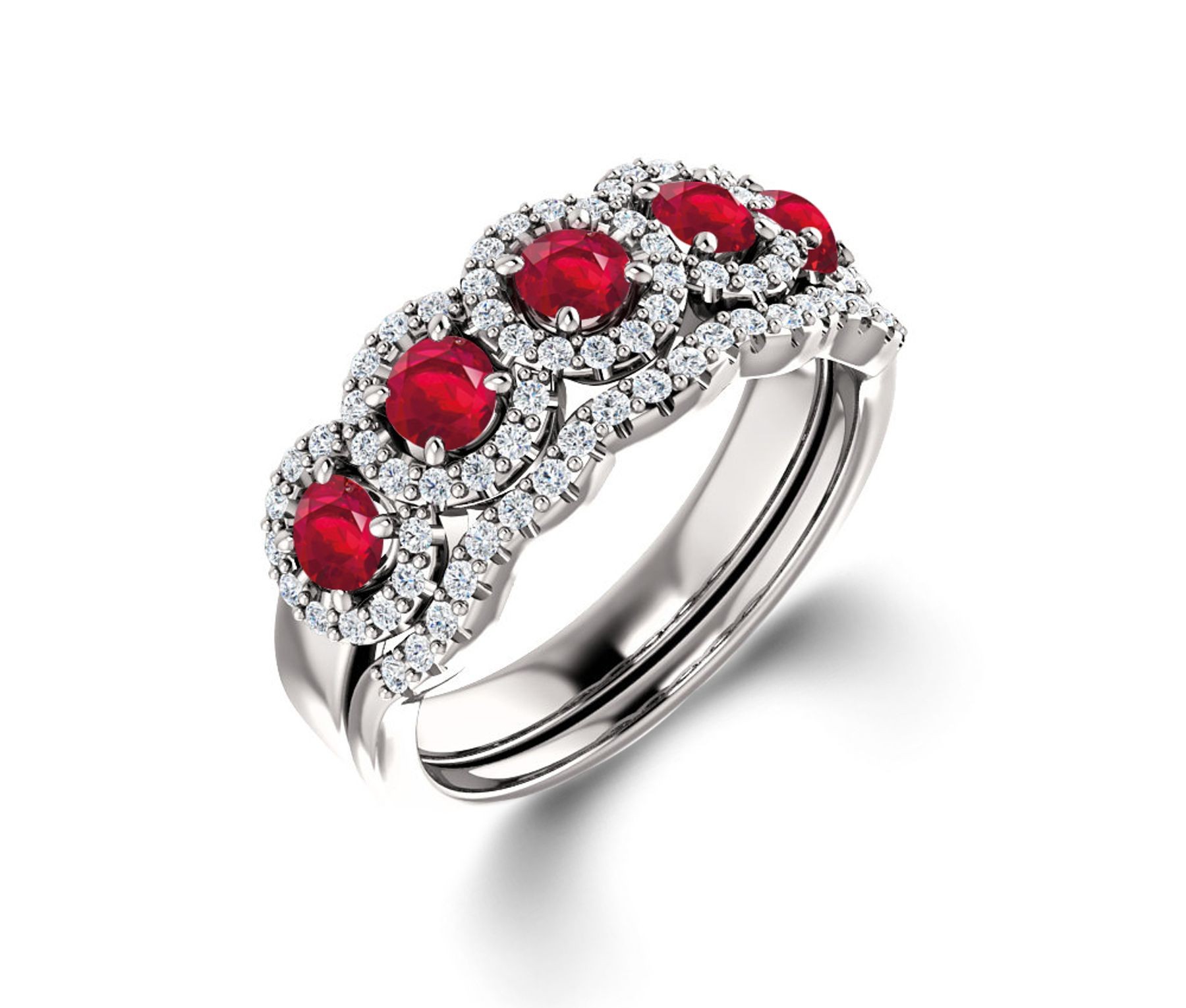 Delicate Micro Pave Halo 5 Stone Ruby and Sparkling Diamond Engagement Rings