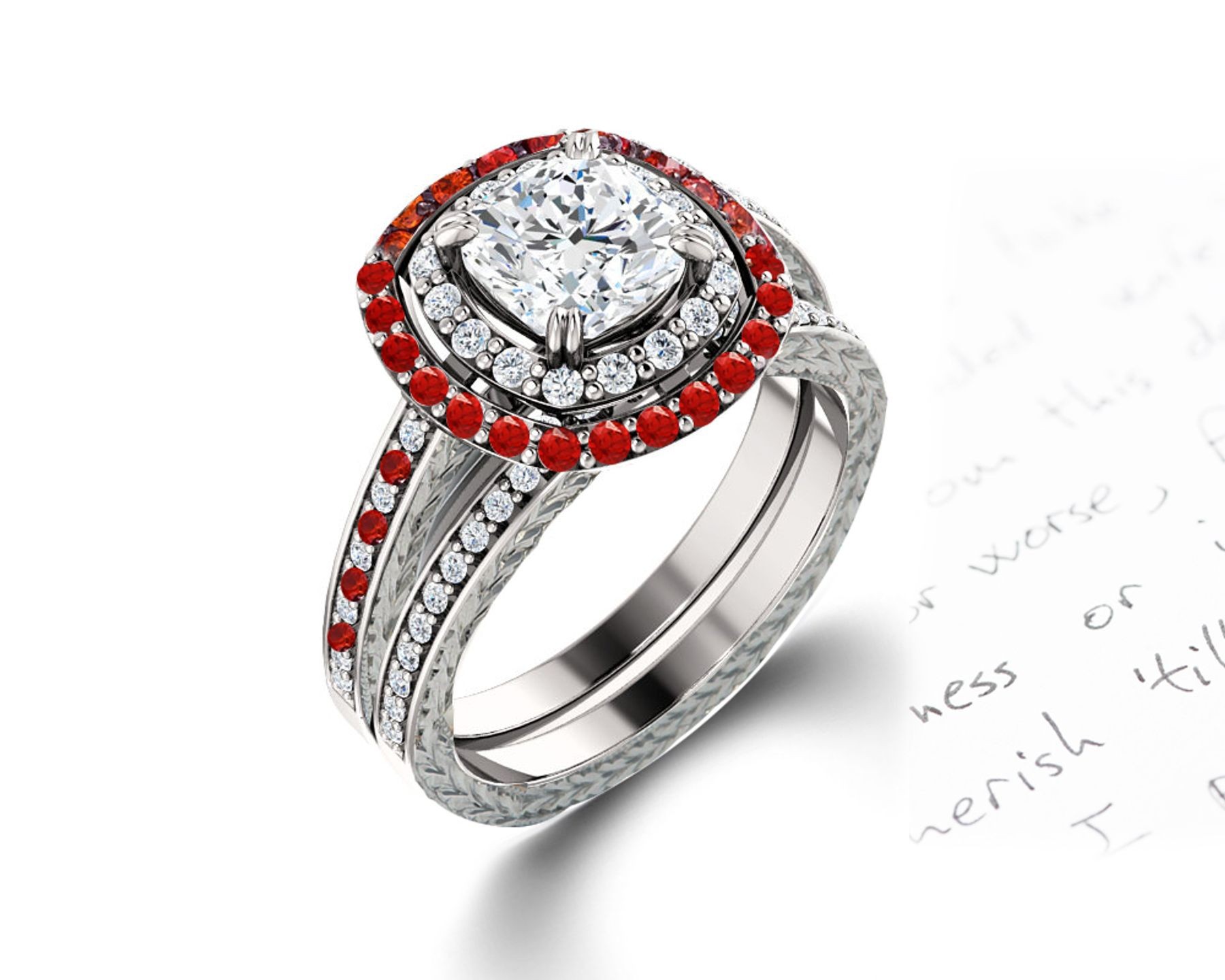 Latest Collection: Delicate Halo Micropave Ruby and Diamond Engagement Rings With Side Accents