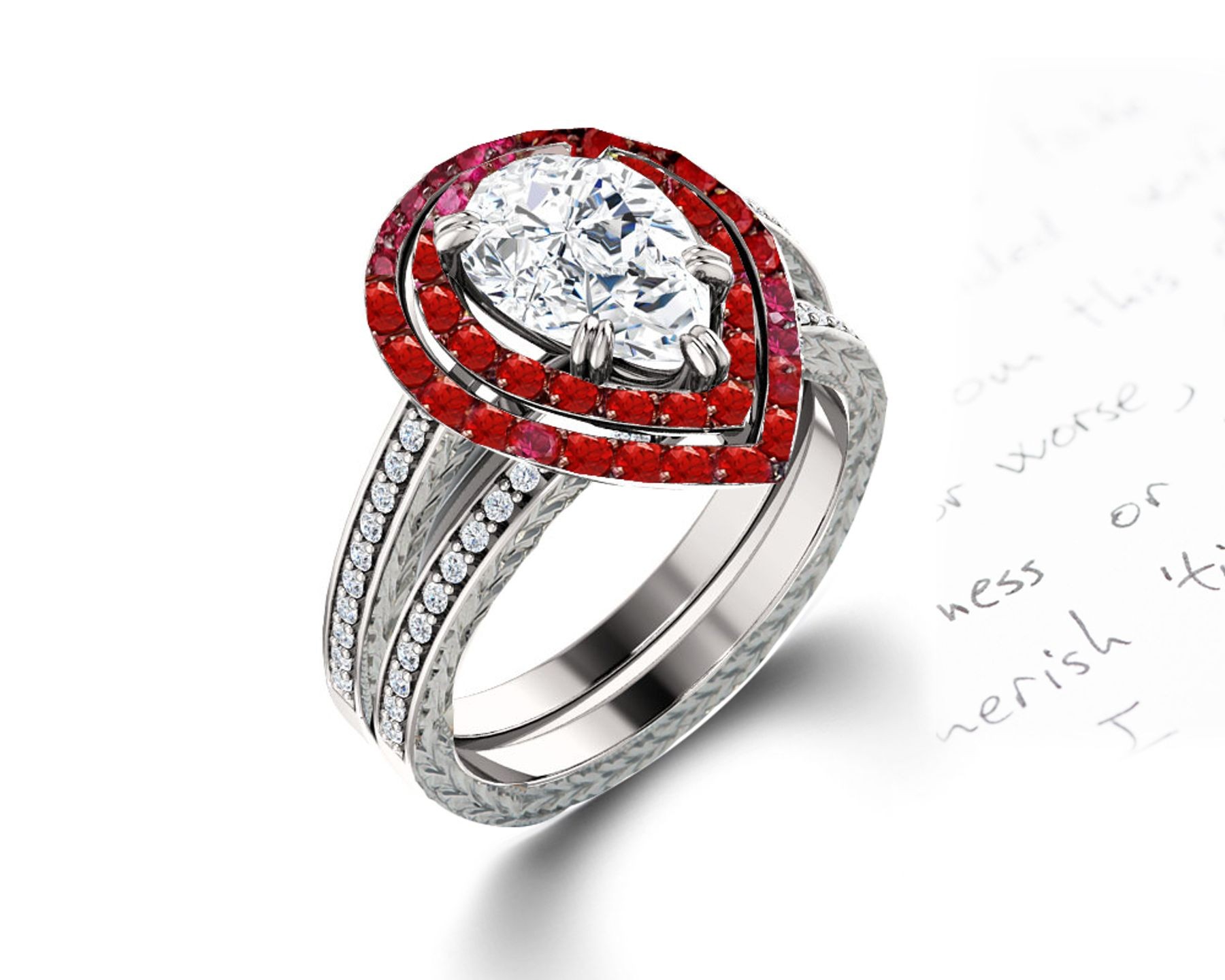 Latest Collection: Delicate Halo Micropave Ruby and Diamond Engagement Rings With Side Accents