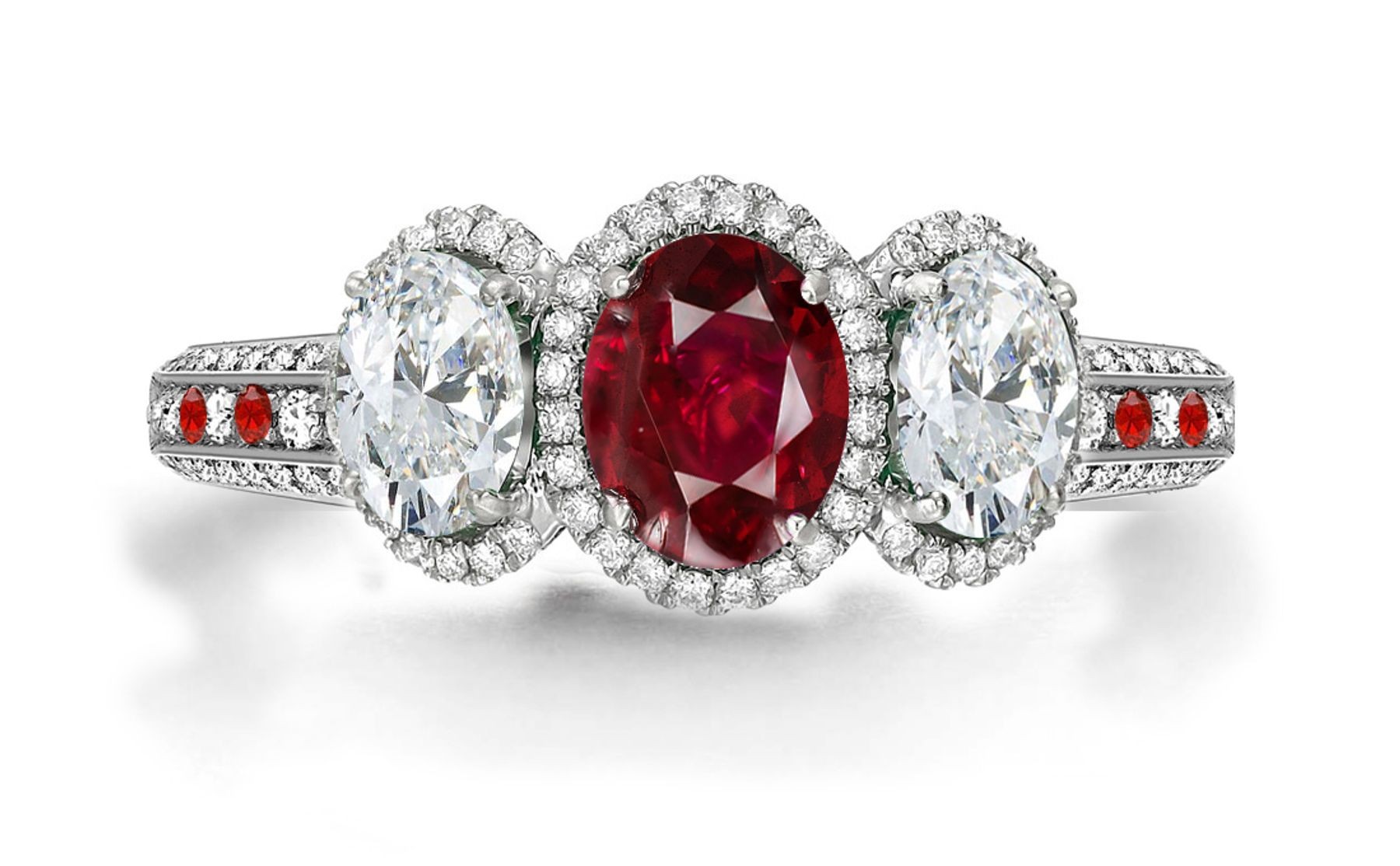 Latest Collection: Delicate Halo Micropave Ruby and Diamond Engagement Rings With Side Accents