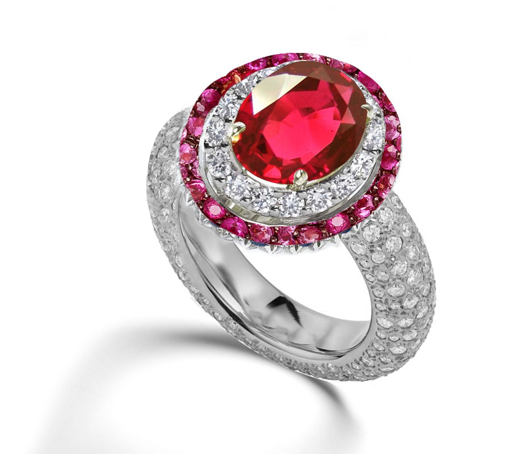 Latest Collection: Delicate Halo Micropave Ruby and Diamond Engagement Rings With Side Accents