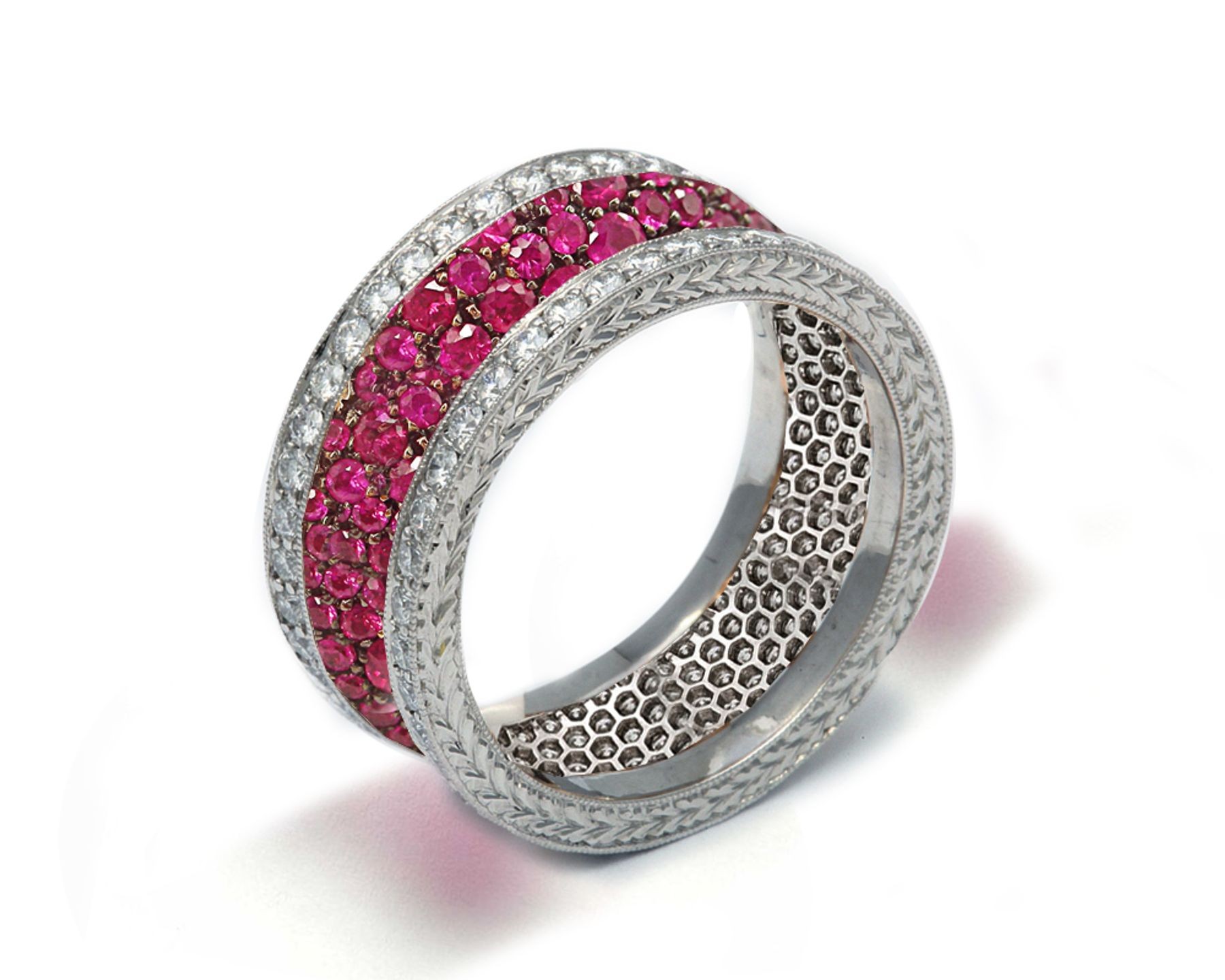 Latest Collection: Delicate Halo Micropave Women's Ruby and Diamond Eternity Rings & Bands