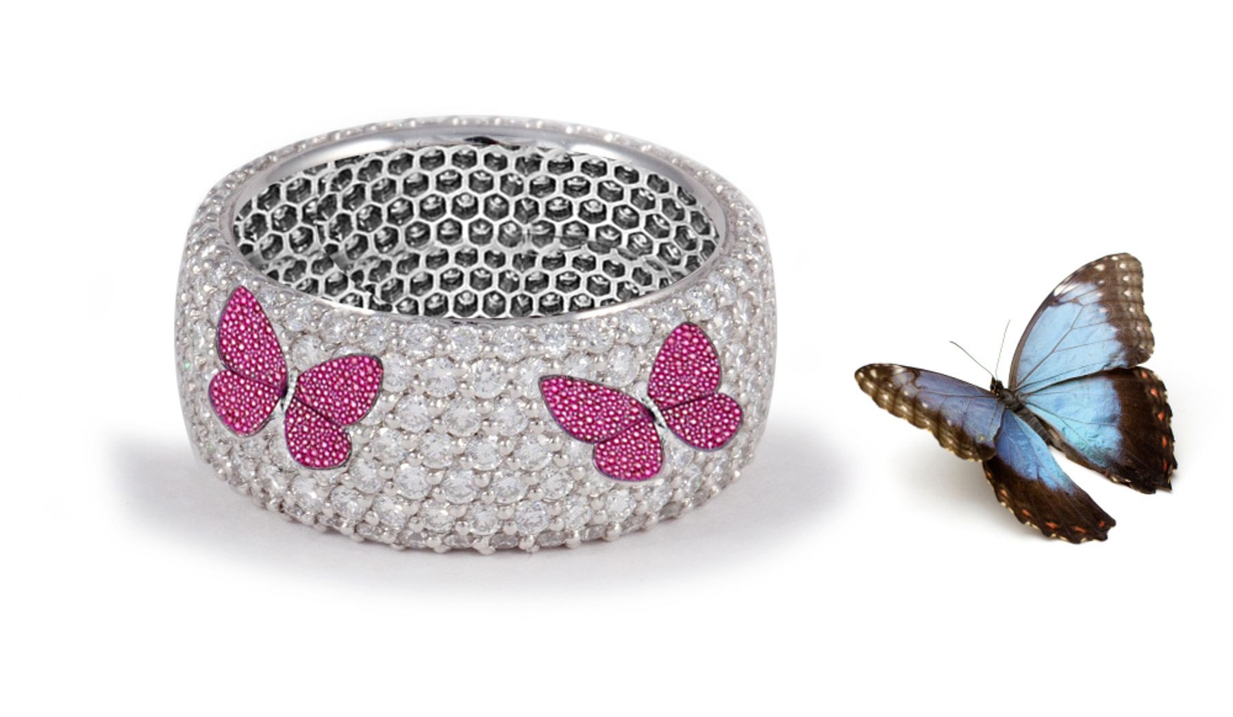 Latest Collection: Delicate Halo Micropave Women's Butterfly Ruby and Diamond Eternity Rings
