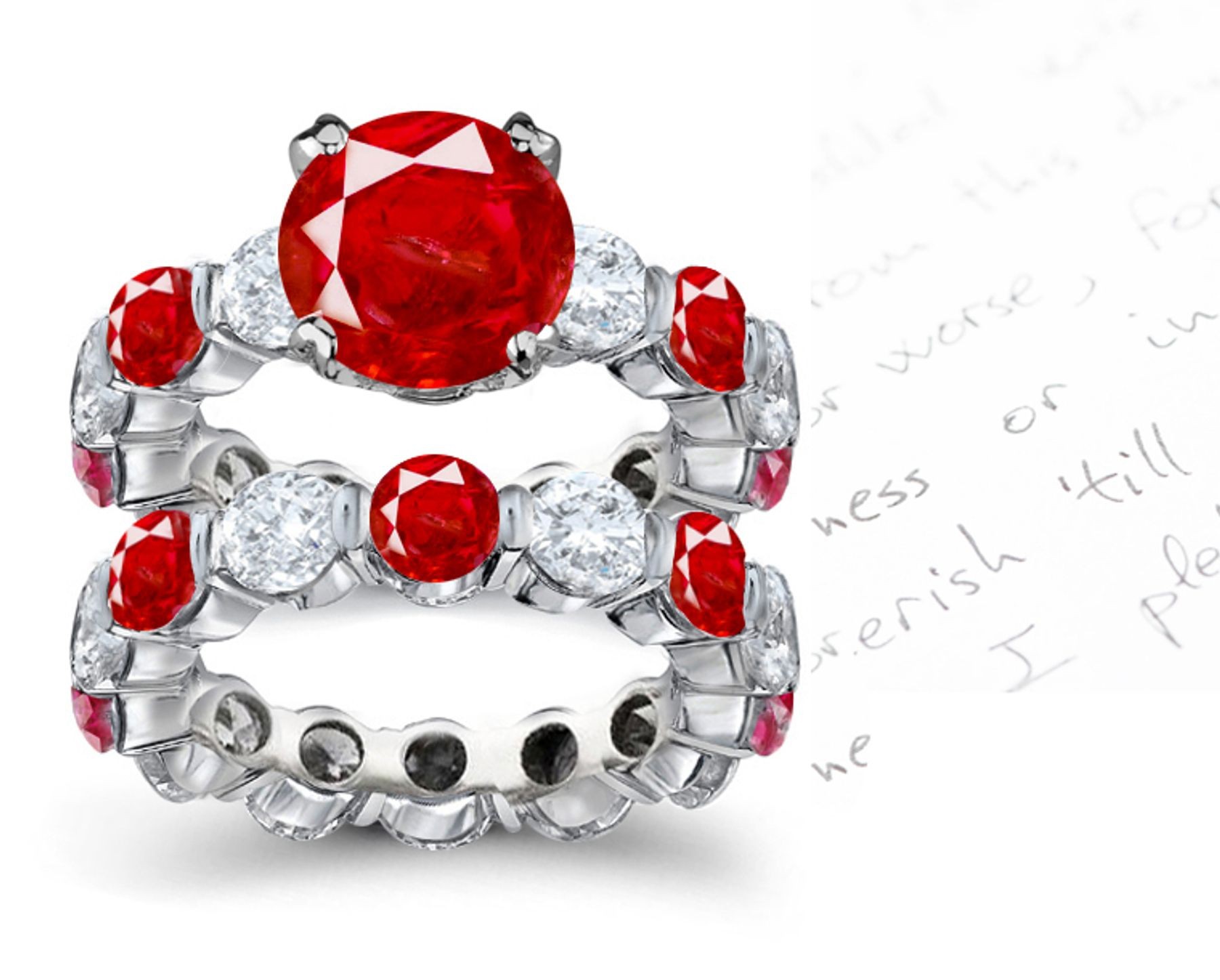 Various Combinations 14k White Gold Shared Common Bar Set Red Ruby & Diamond Ring & Band. Turn The Pages Click to View Images & More Information