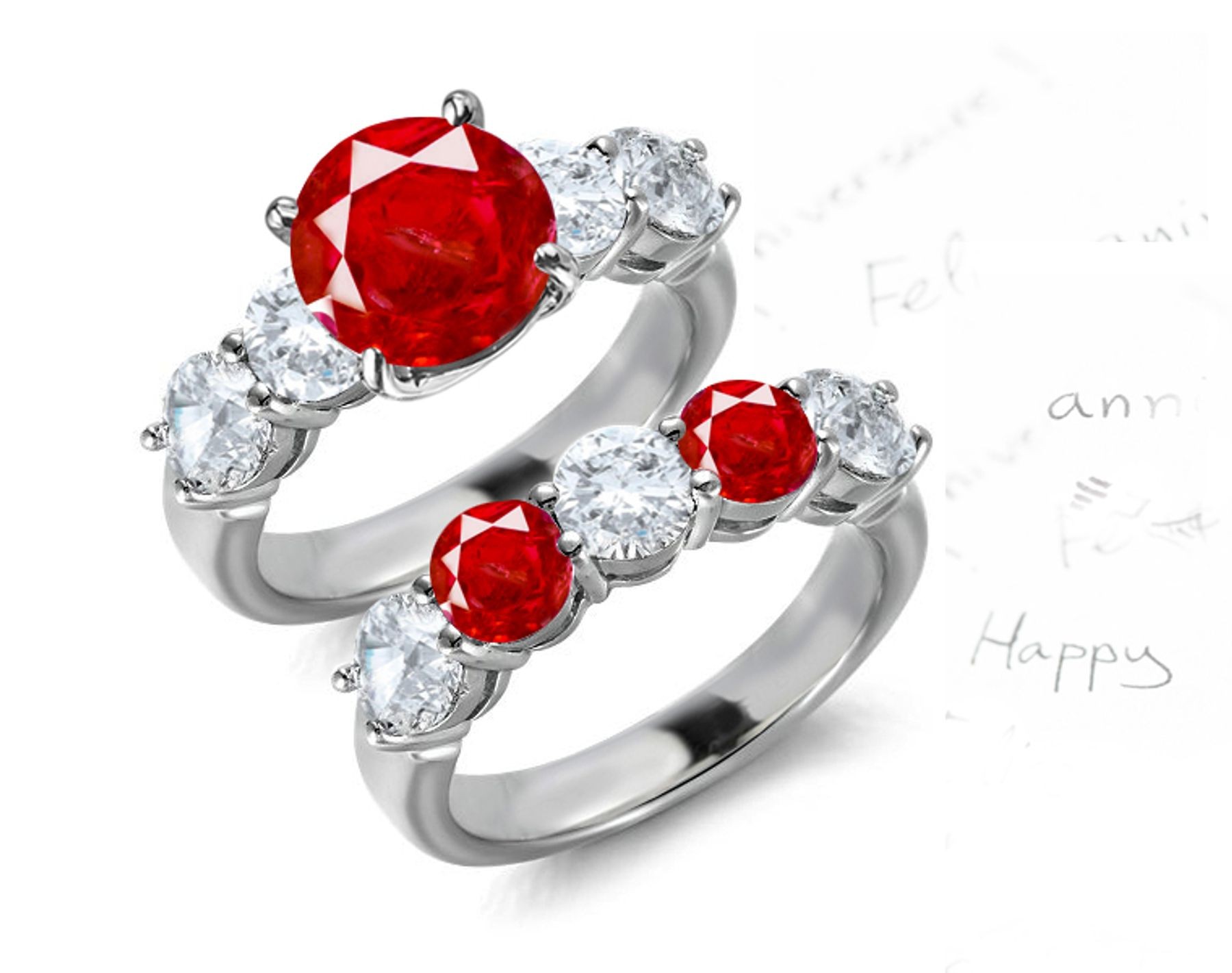Individual and Unique: Perfect Blood Red Simple 5 Side Stone Round Ruby & Diamond Ring + 5 Side Stone Diamond Ruby Womens Wedding Band