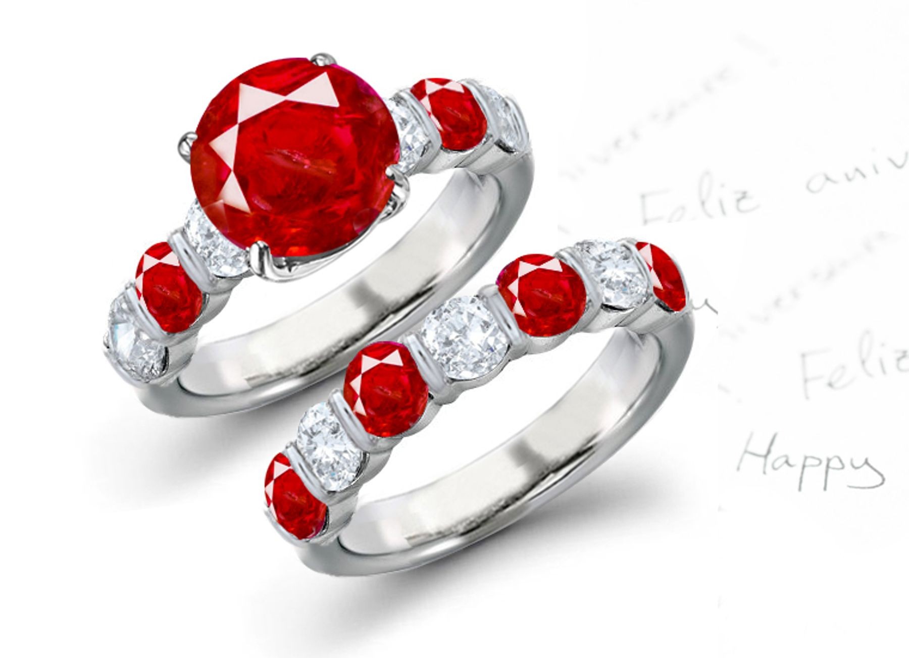 Entirely Different: Blood Red Large Top Stone 5 Side Stone Ruby & Diamond Ring & 5 Side Stone Bar Set Gold Matching Stones Band