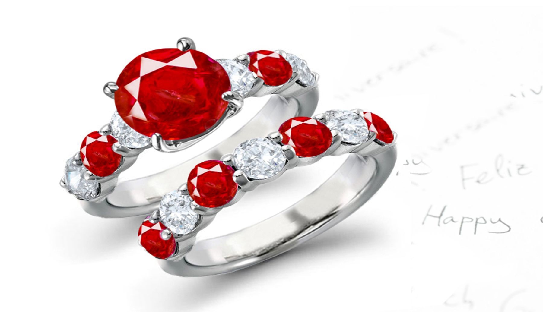 Exclusive Designs Highly Prized, & Classic Top Stone 5 Side Stone Ruby & Diamond Ring & 5 Stone Diamond Ruby Half Eternity Gold Band