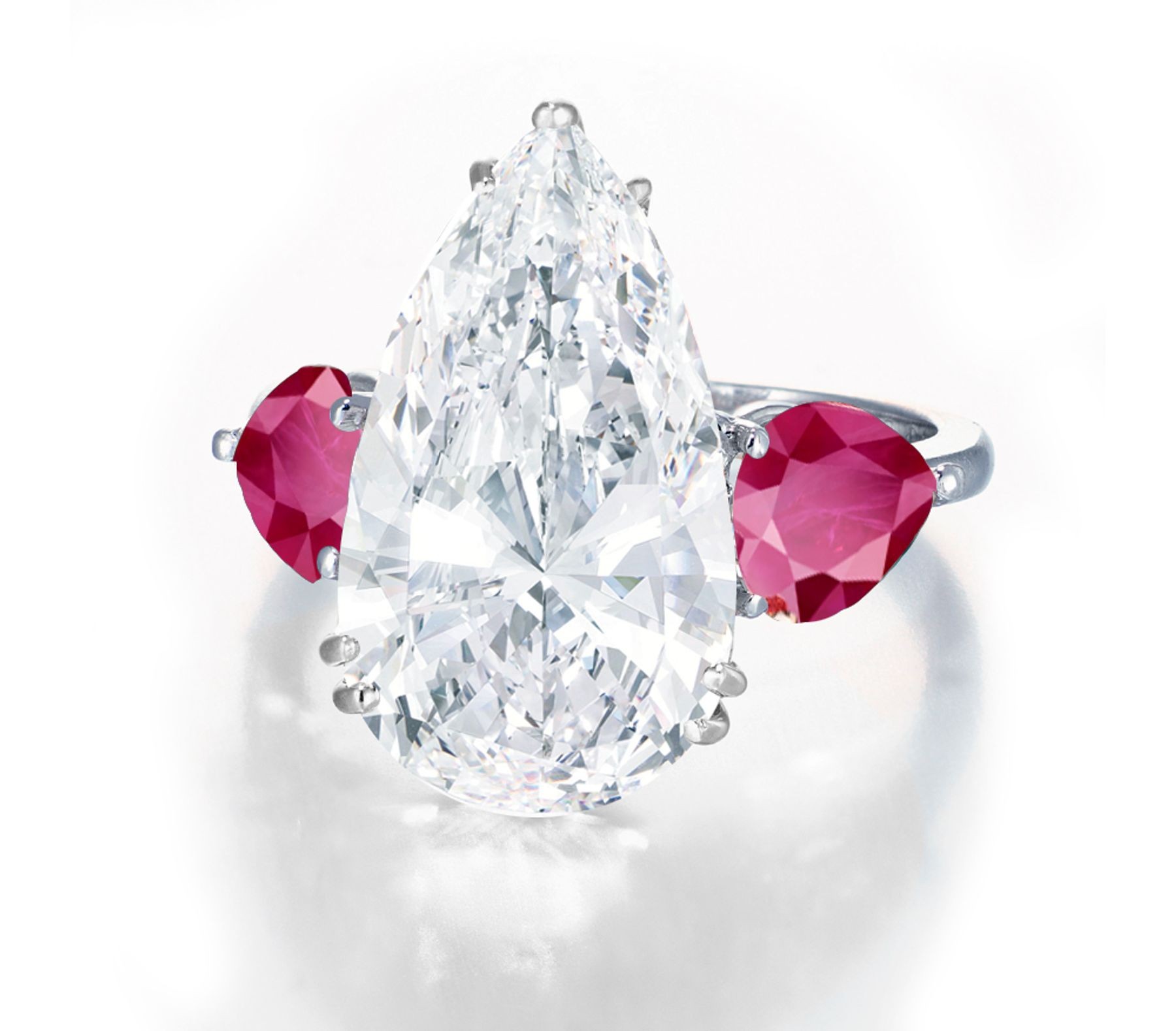 Center Pear-Shaped Diamond & Heart-Shaped Side Rubies Three Stone Engagement Rings