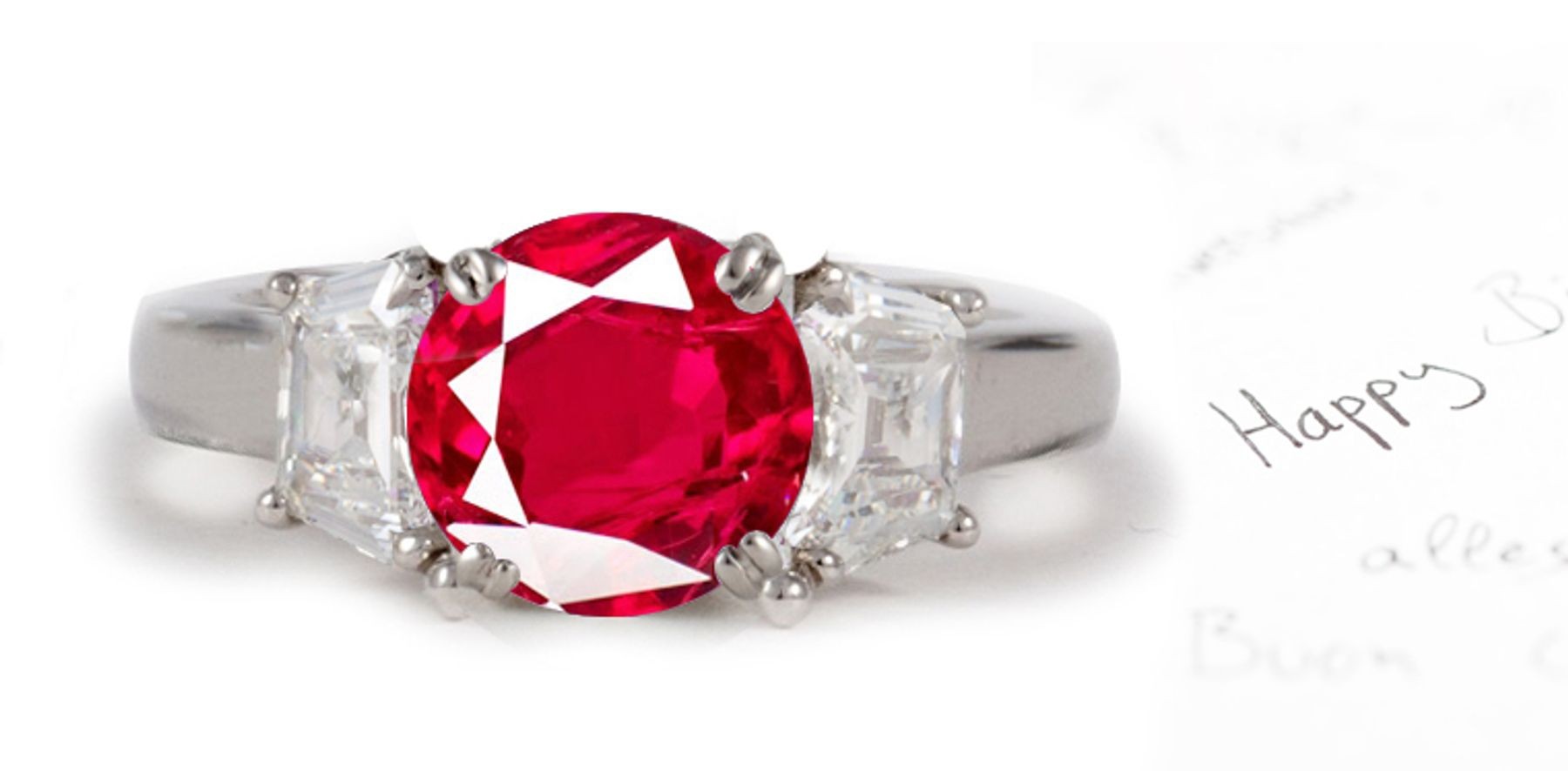 Variety of Styles: View 3 Stone Round Fine Ruby & Shield Cut Side Stones Framed Brilliant Diamond Ring Most Surely Secured in 14k White Gold
