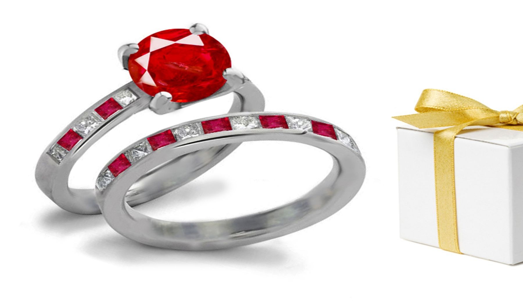 Center Natural Ruby & Channel Princess Diamond & Beautiful No Heat Ruby Accents & Gold Wedding Band for Everlasting Love