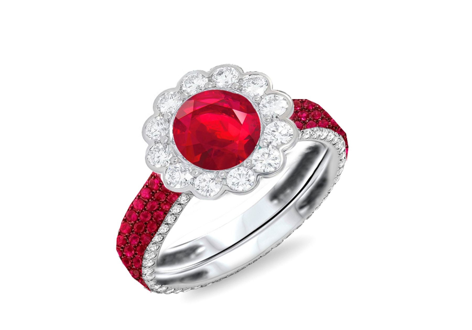 Center Round Ruby & Round Diamonds One-Of-A-Kind Engagement & Right Hand Rings