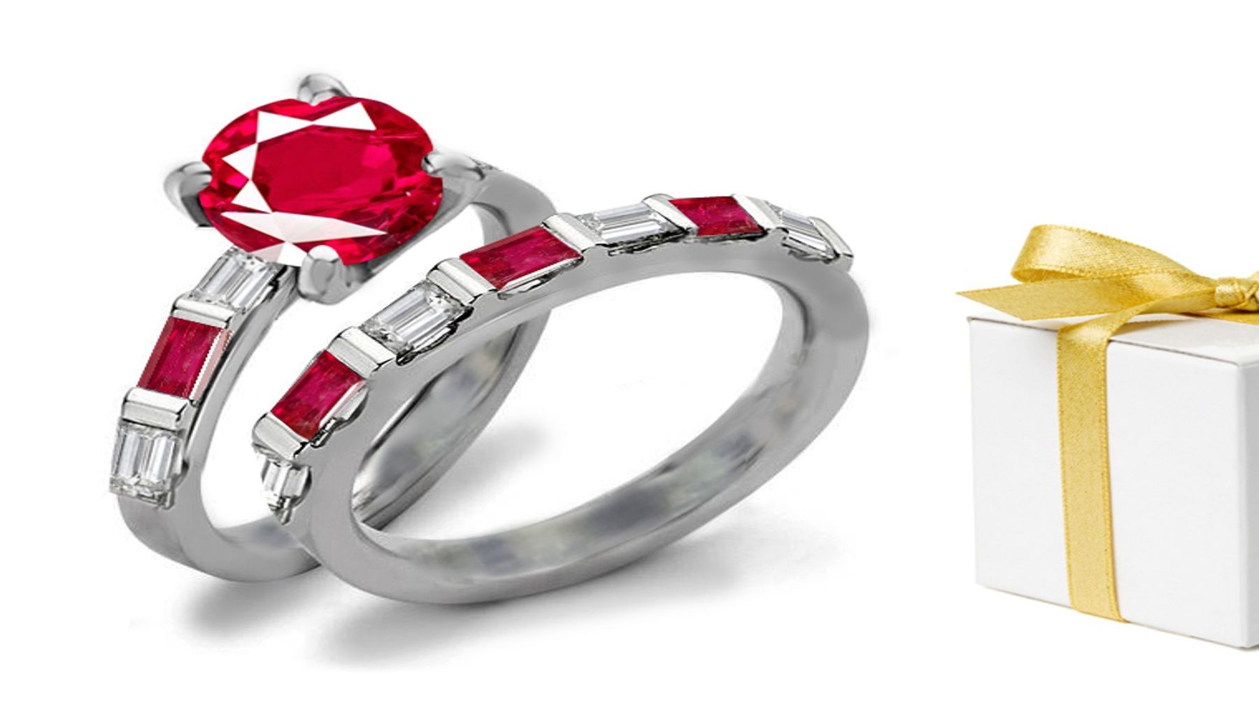 Glamour & Luxury: Natural Beauty Shared Bar Set Ruby & Rectangle Cut Diamond Gold Accent Ring Plus Diamond King of Gems Ruby Gold Band