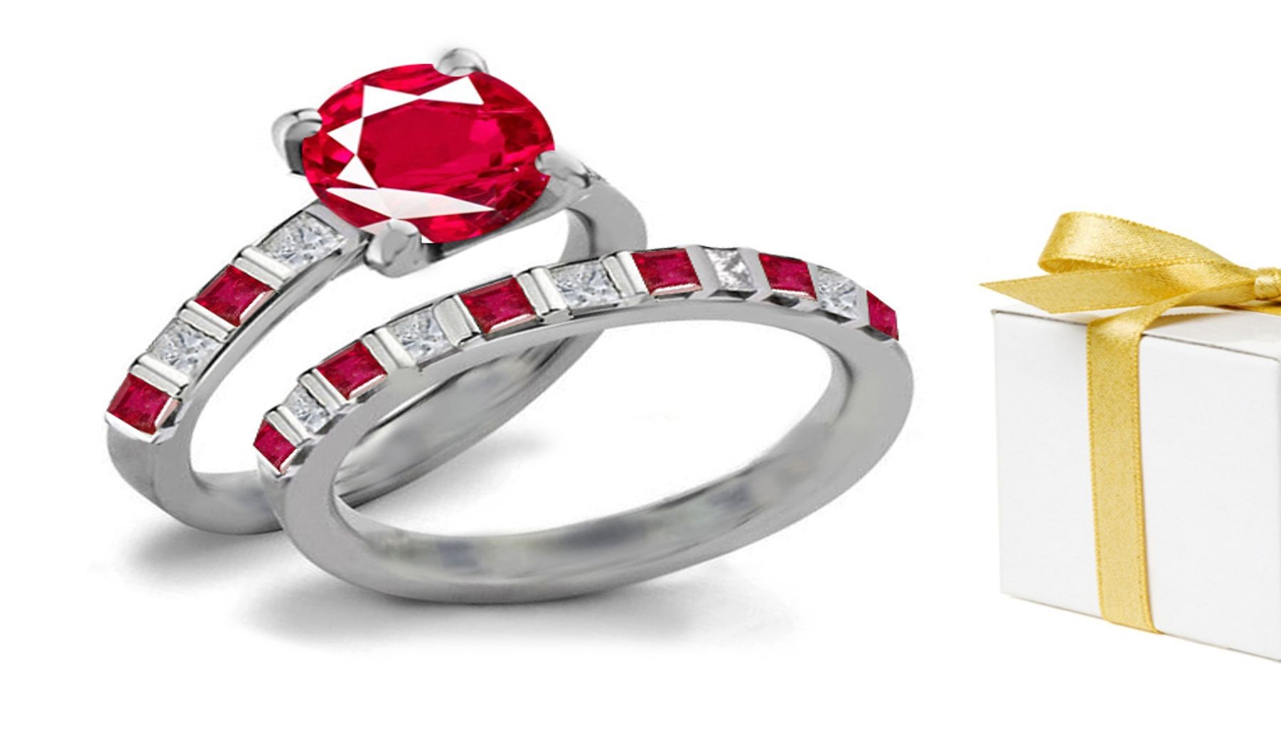 High Grade Dark Crimson Red Ruby atop a Baguette Diamond & Ruby Ring Shoulder Embody Fire & Heat Anniversary Band