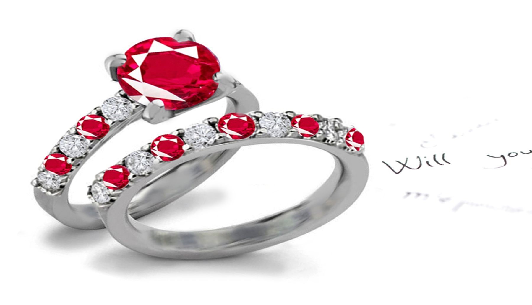 Various Designs: Fine Jewelry! Dark-Hue Deep Red July Birthstone Ruby & Round Gems & Diamond Modern Engagement Accents Ring & Wedding Band