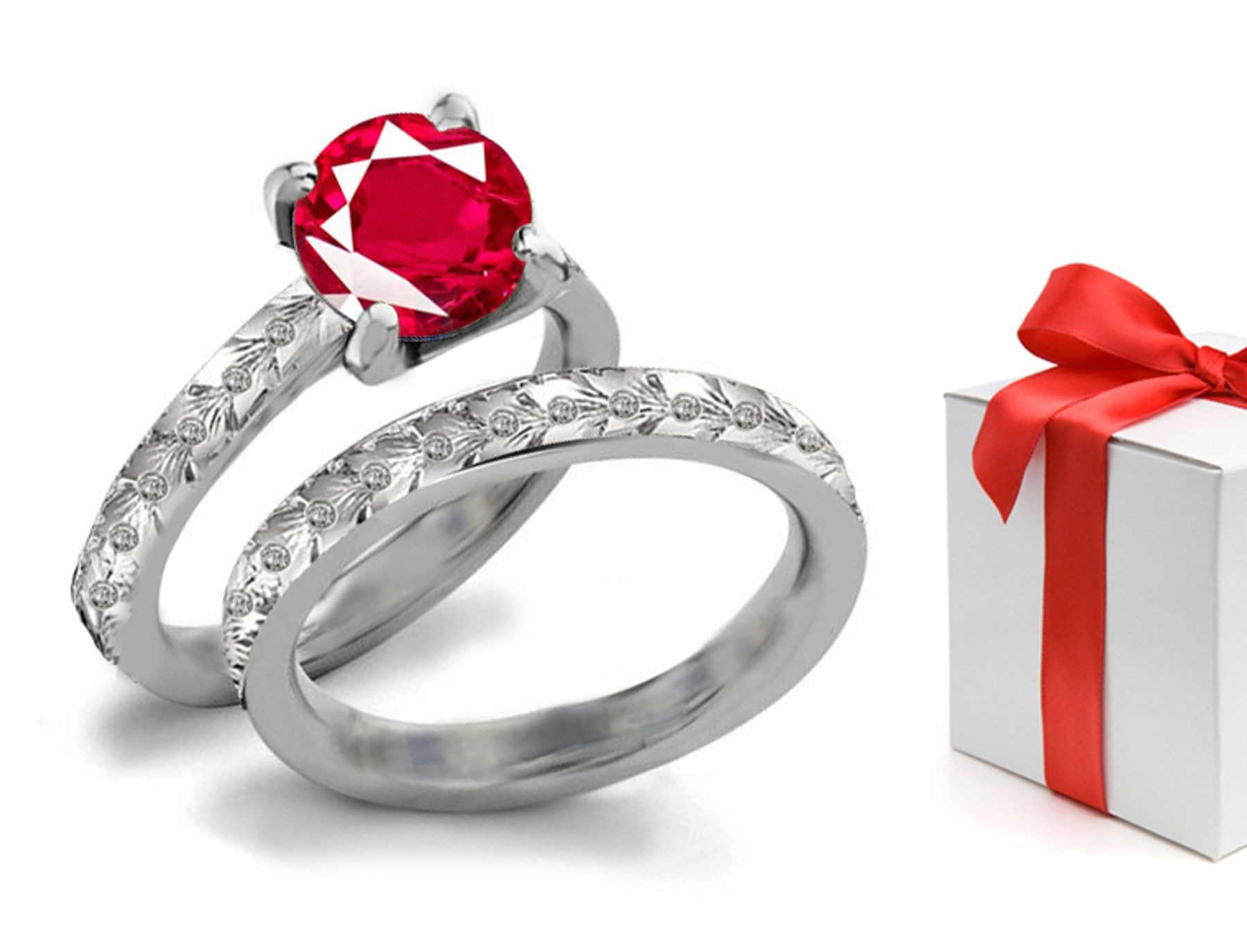 Specially Designed: Cherry Red Ruby & Diamond Blossom Foliate Motif Cluster Ring & Wedding in White Gold, & Sterling Silver, Platinum