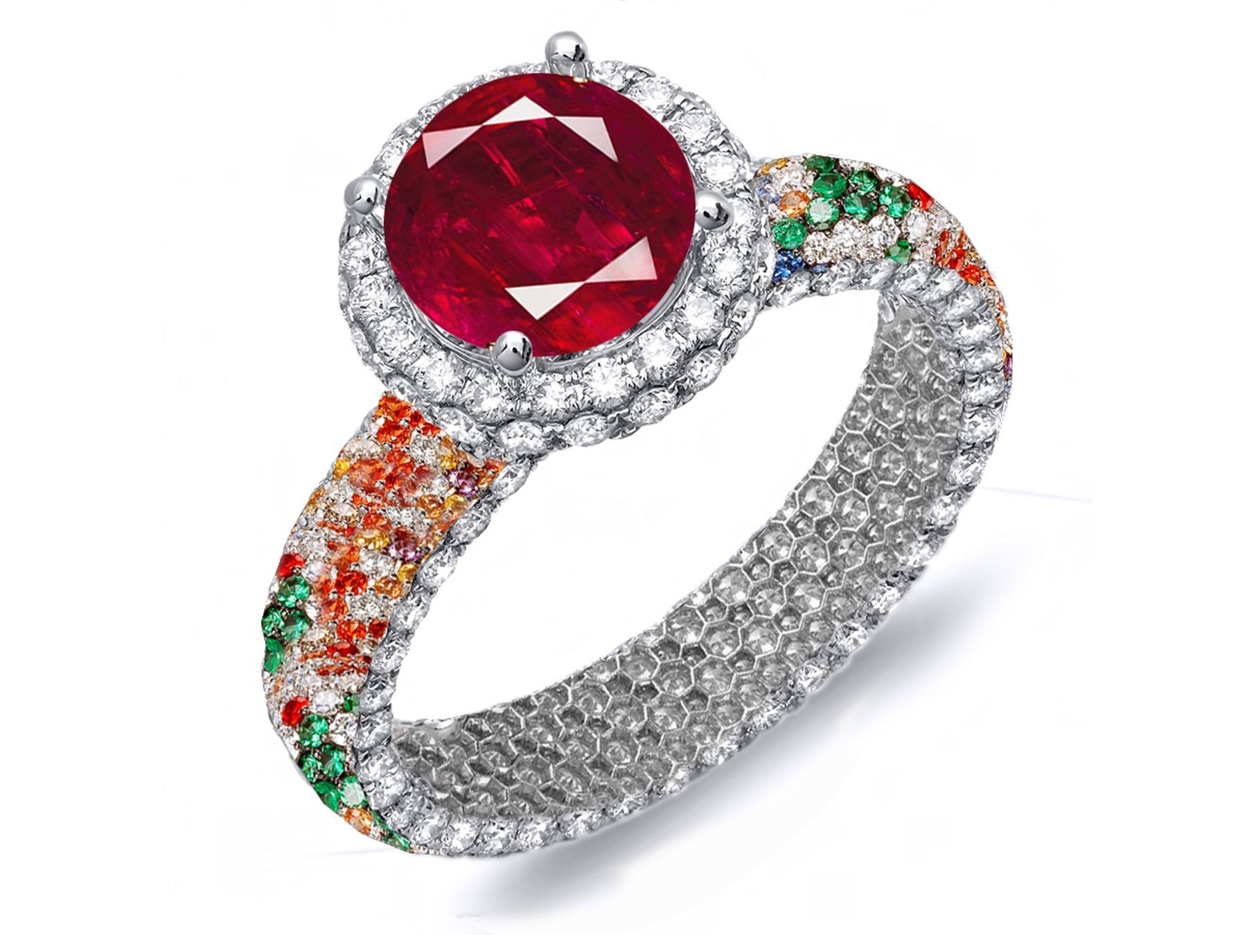 Custom Delicate French Pave Halo Diamonds & Multi-Colored Gemstone Rings