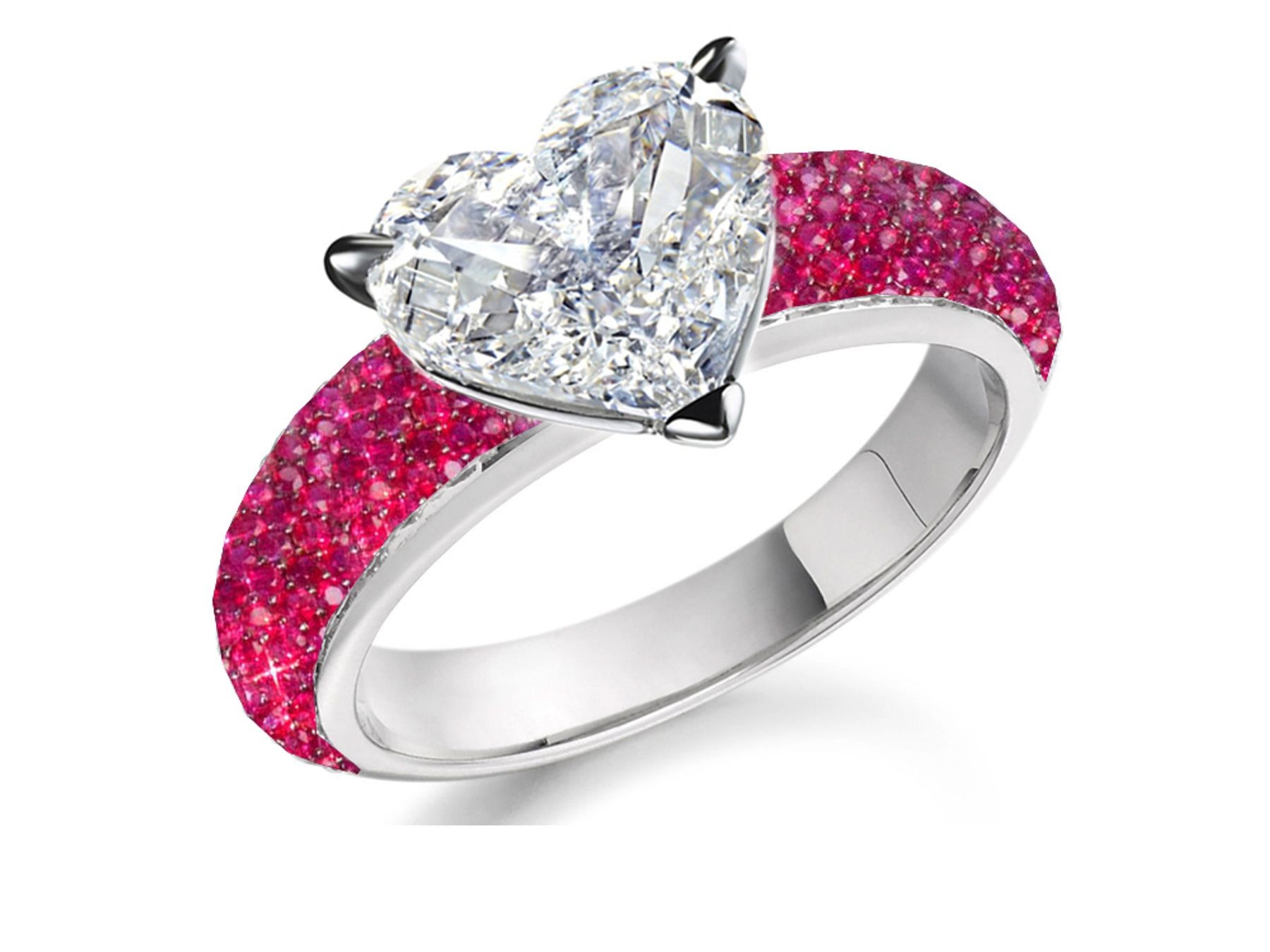 Handcrafted Delicate Heart Diamond & Micro Pave Halo Brilliant Cut Round Rubies Ring