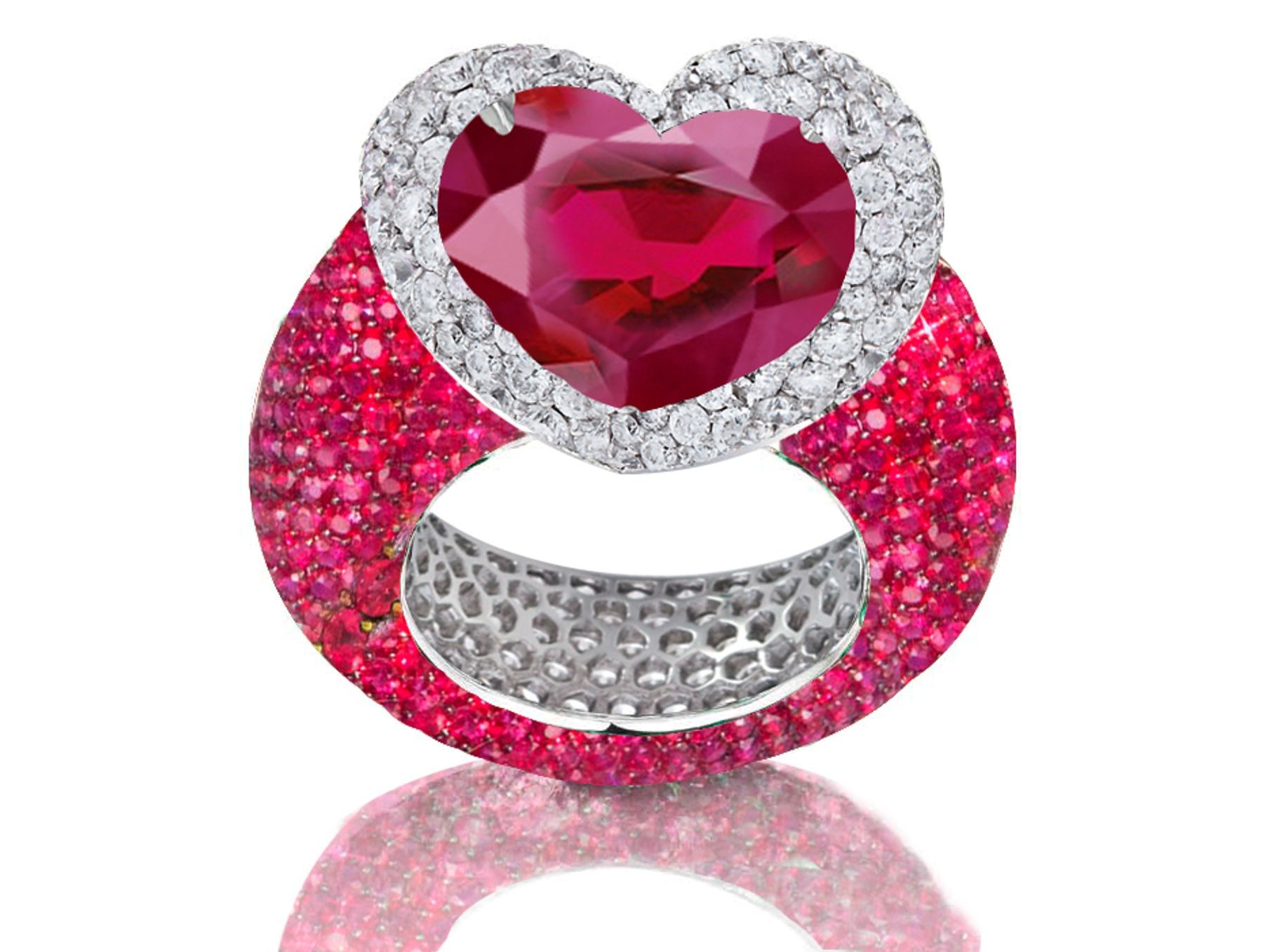 Handcrafted Delicate Heart Ruby & Micro Pave Halo Brilliant Cut Round Diamonds Ring