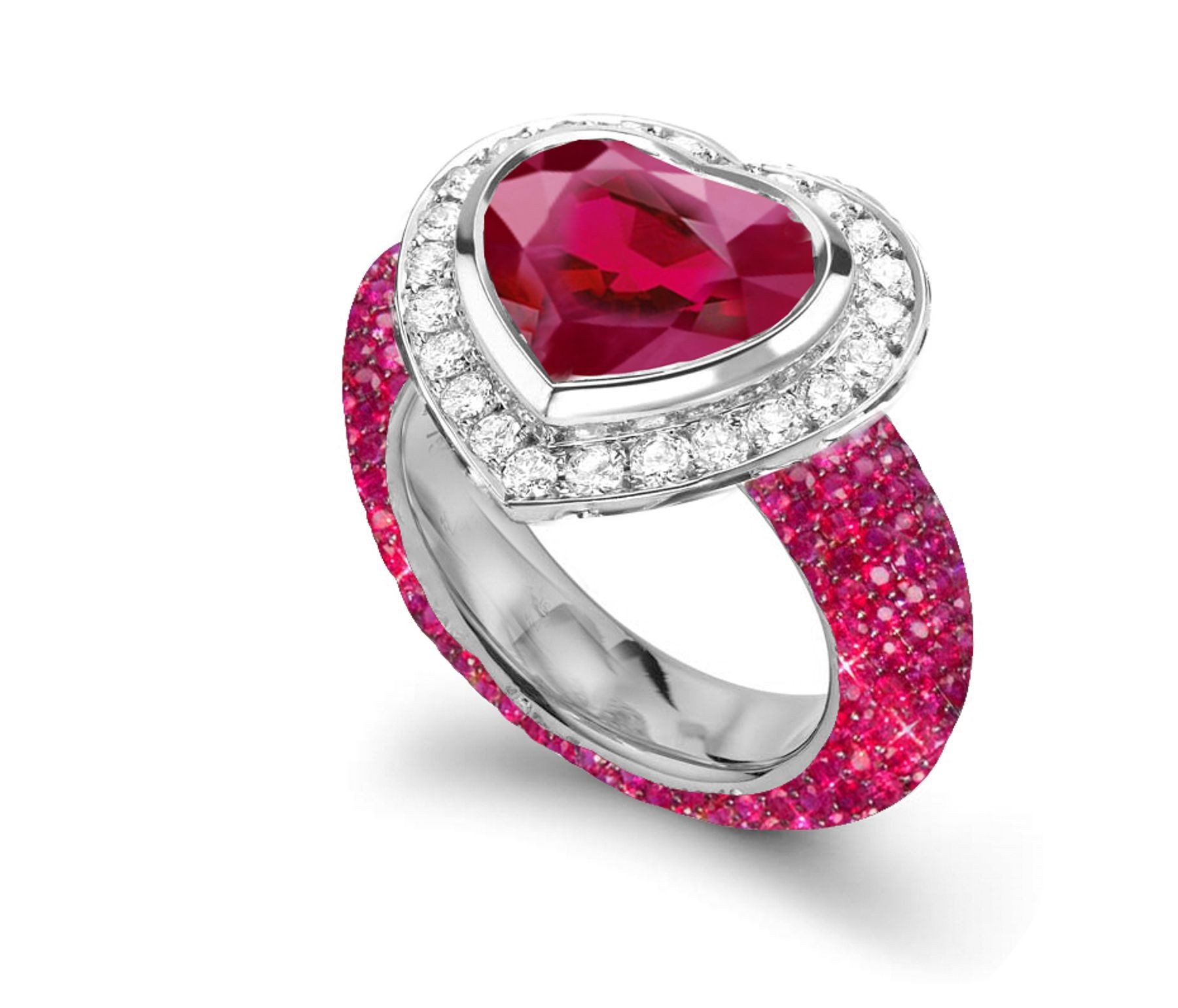 Handcrafted Delicate Heart Ruby & Micro Pave Halo Brilliant Cut Round Diamonds Ring