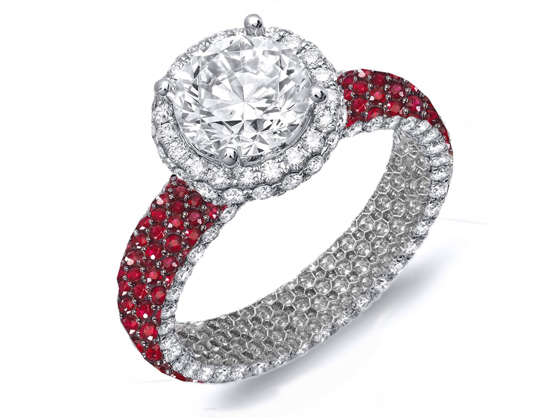 Custom Delicate French Pave Halo Diamonds & Red Rubies Accent Rings