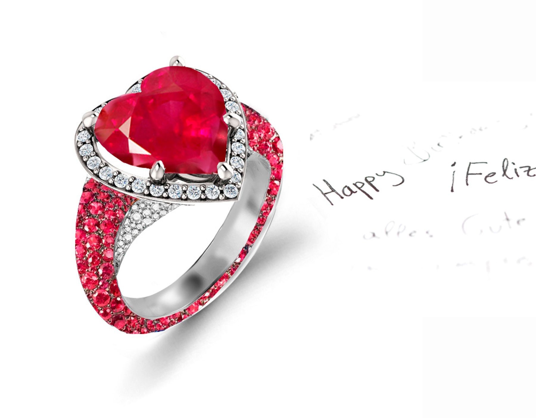 Made to Order Halo Pave Round Diamonds & Heart Shaped Ruby Rings