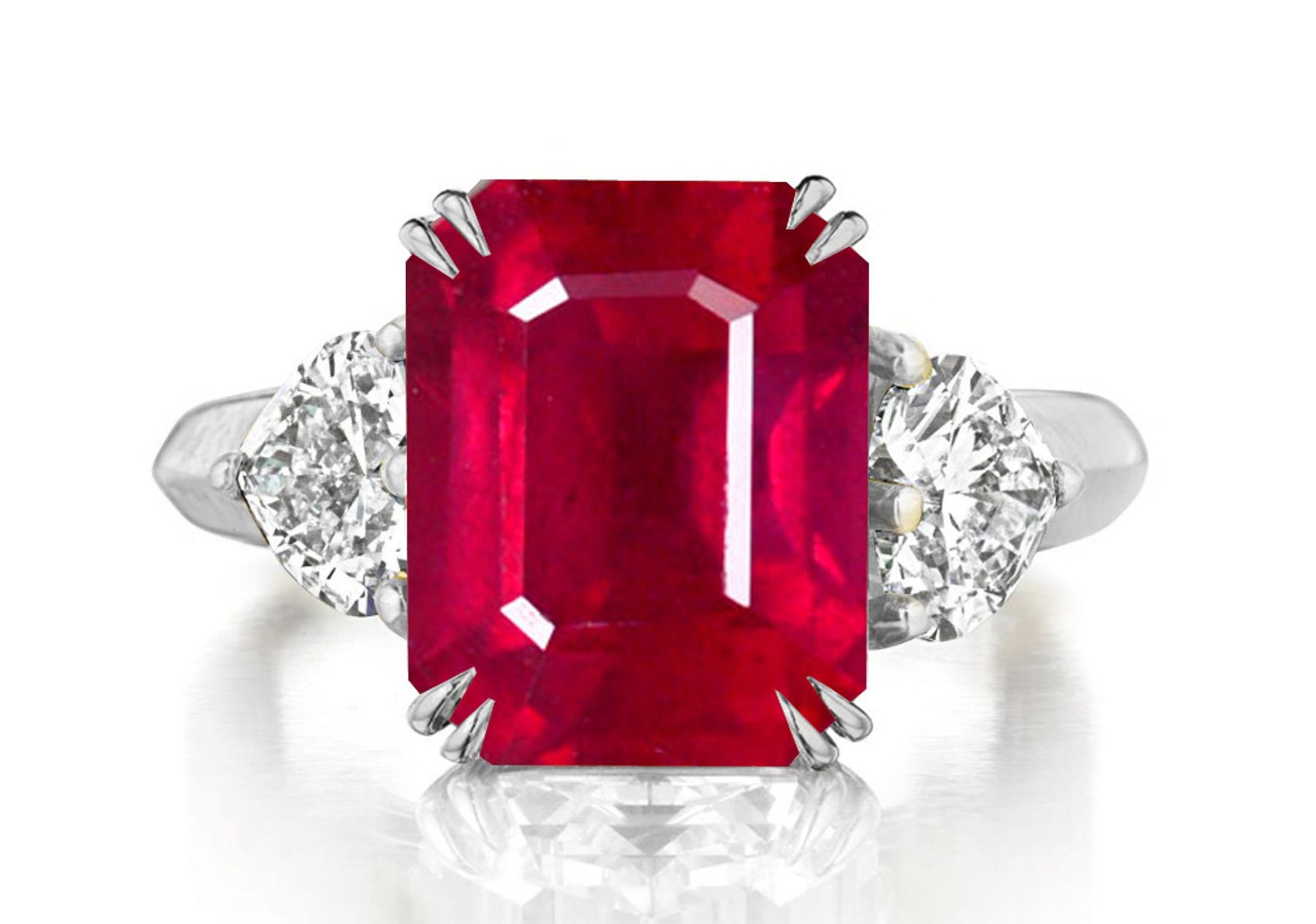 Made to Order Three Stone Emerald Cut Ruby & Heart Shaped Diamond Designer Rings