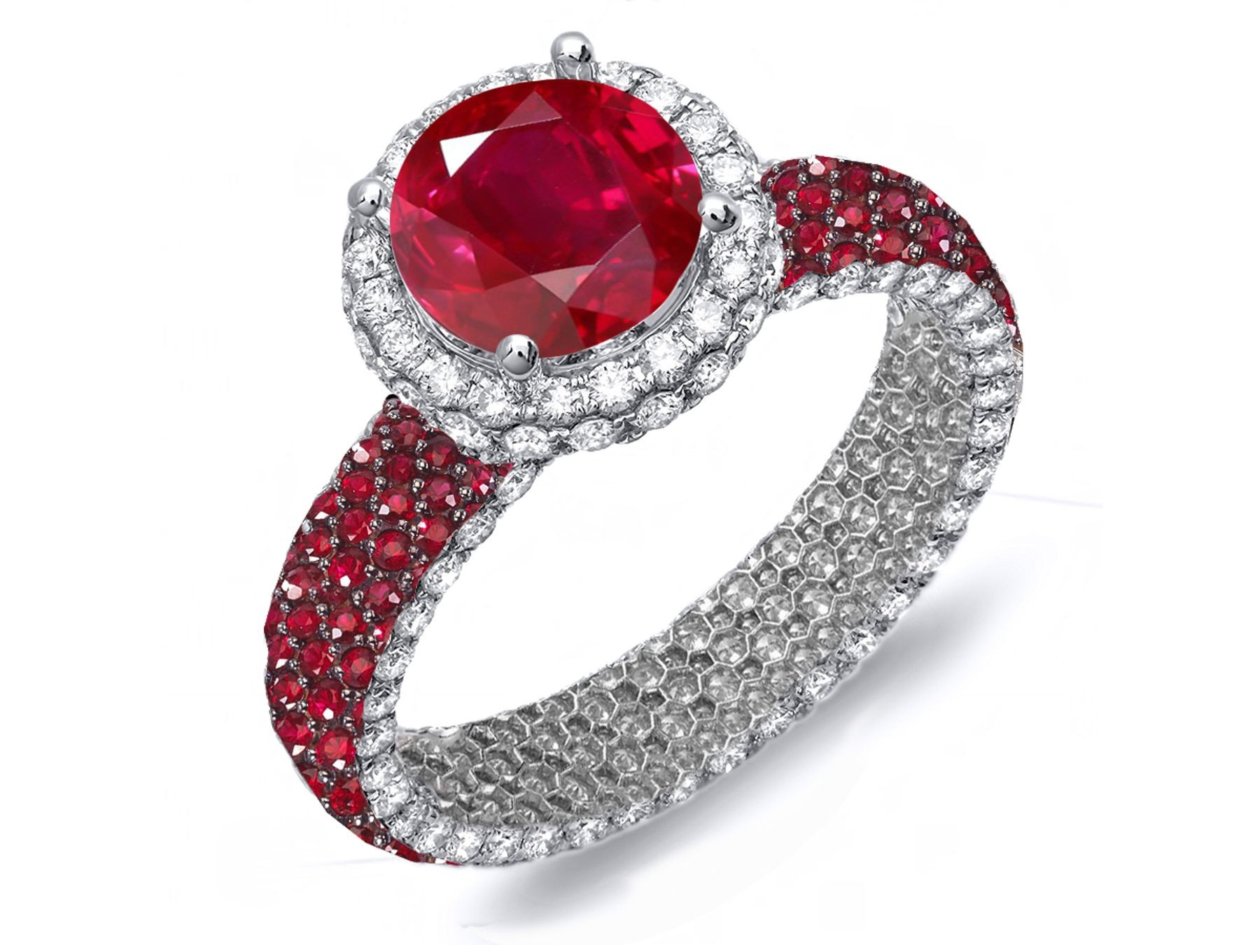 Custom Delicate French Pave Halo Diamonds & Red Rubies Accent Rings